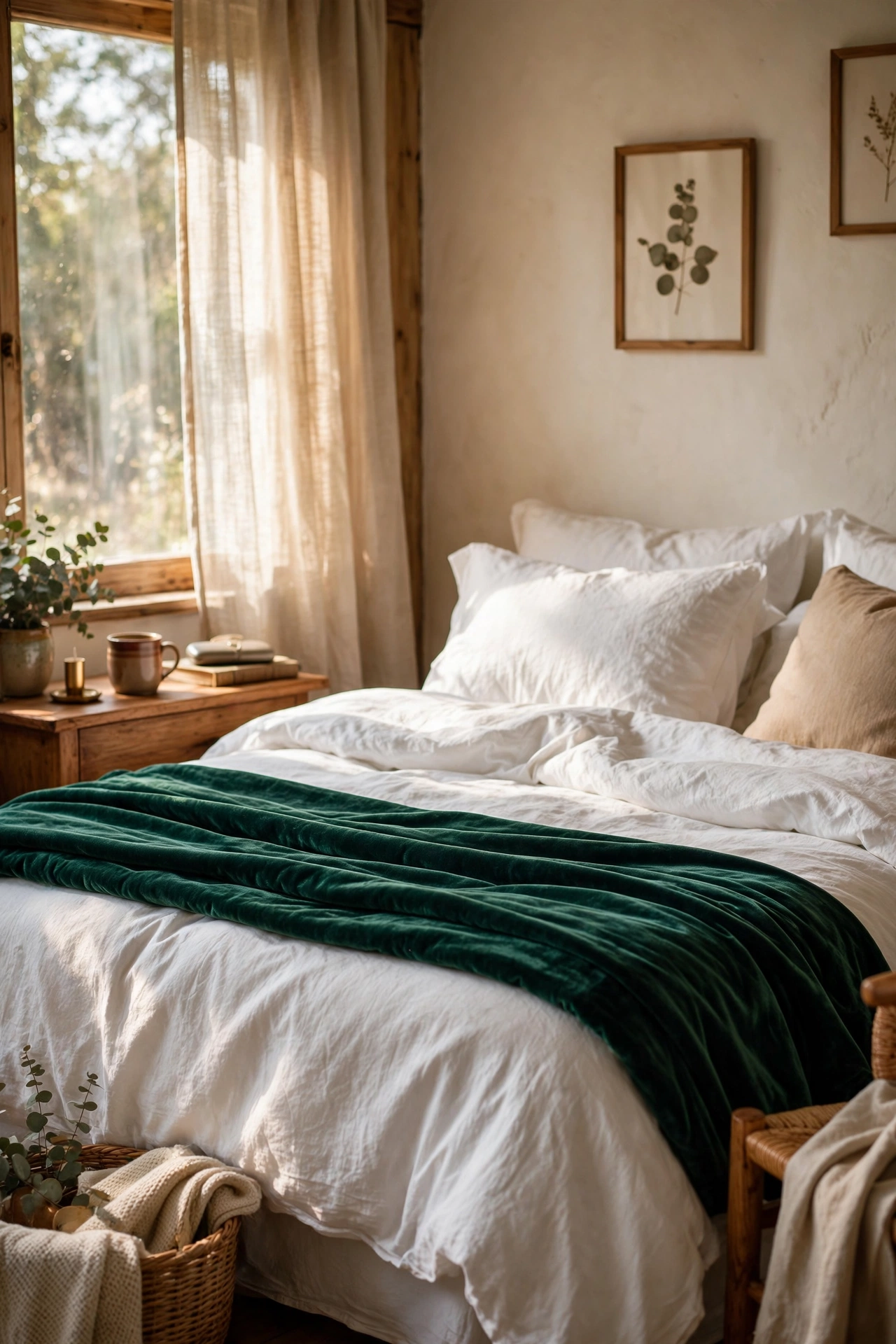 Deep emerald velvet-look throw folded across the foot of a white bed