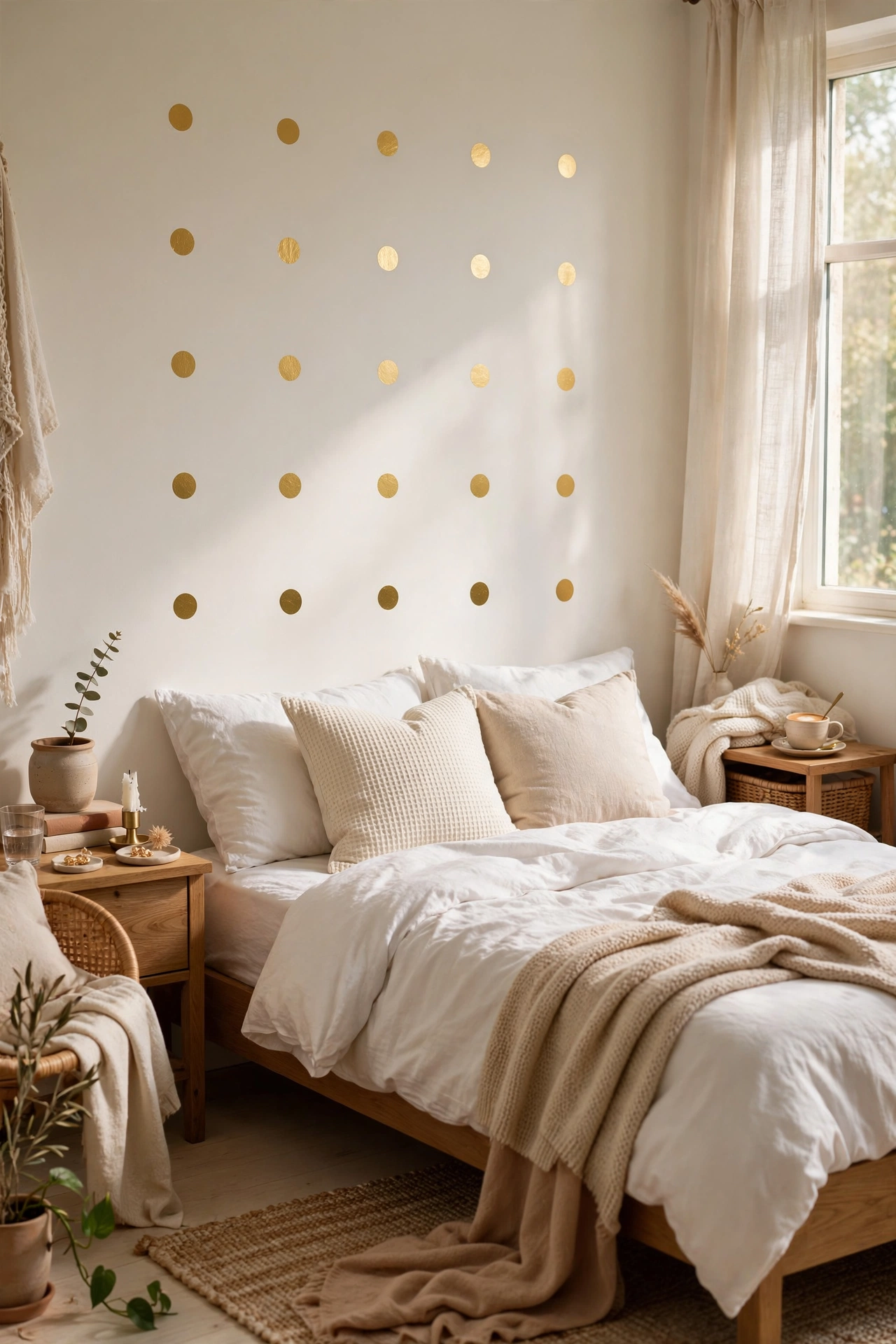 Gold polka dot wall decals in a grid pattern behind a bedroom bed