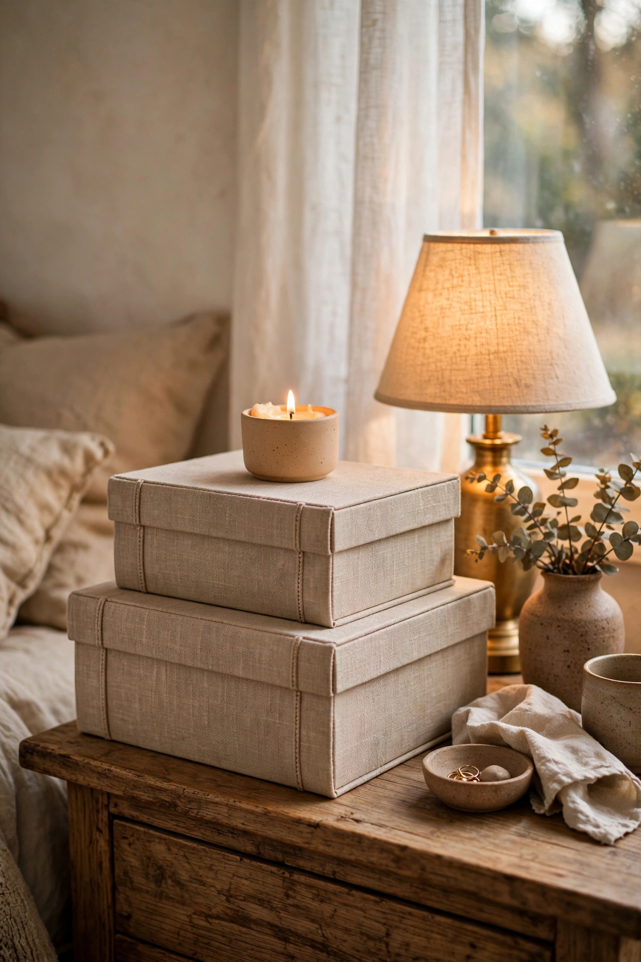 Stacked faux book boxes with a candle on a bedroom nightstand