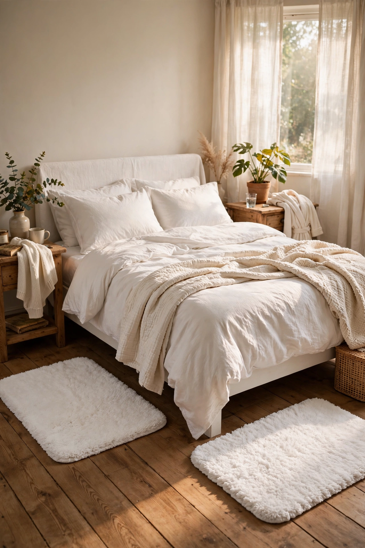 Plush white bath mats used as bedside rugs on each side of a bed