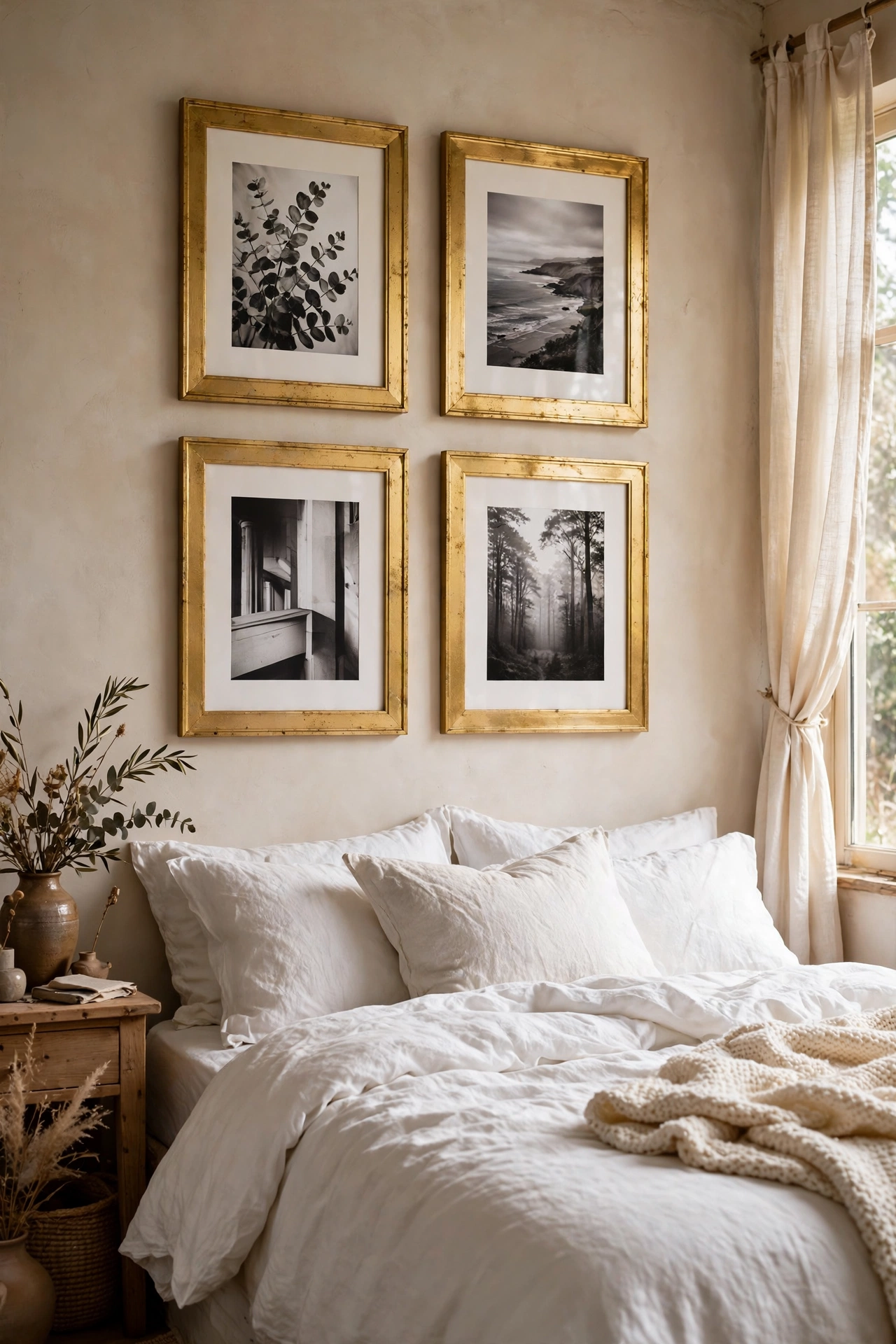 Gold spray-painted frames with black and white prints above a bed