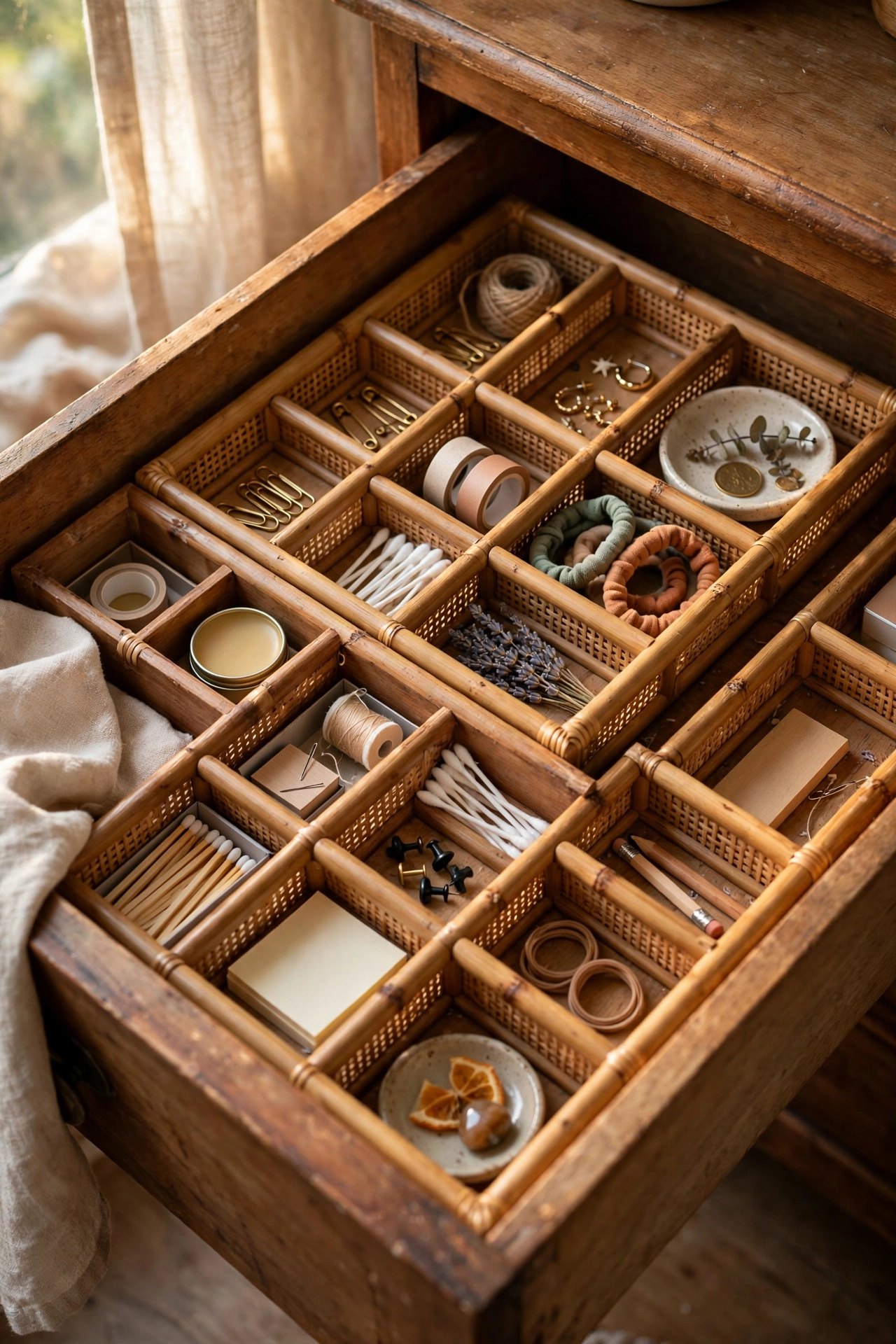 Bamboo-look drawer organizer trays tidying a bedroom nightstand drawer