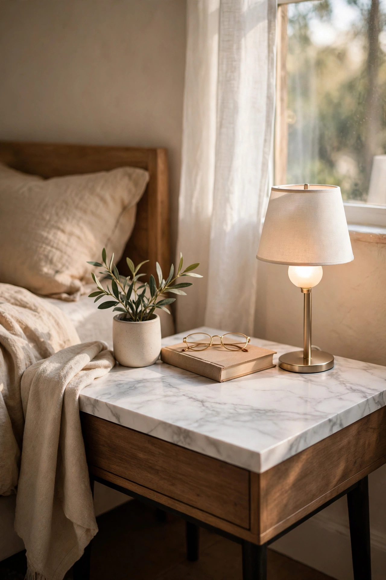 Nightstand top covered in faux marble contact paper in a bedroom