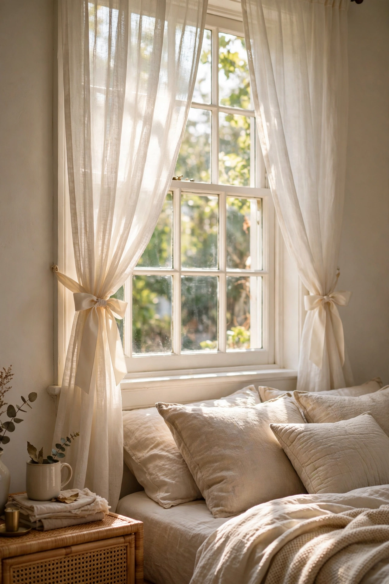 Sheer bedroom curtains tied back with wide ivory satin ribbon bows
