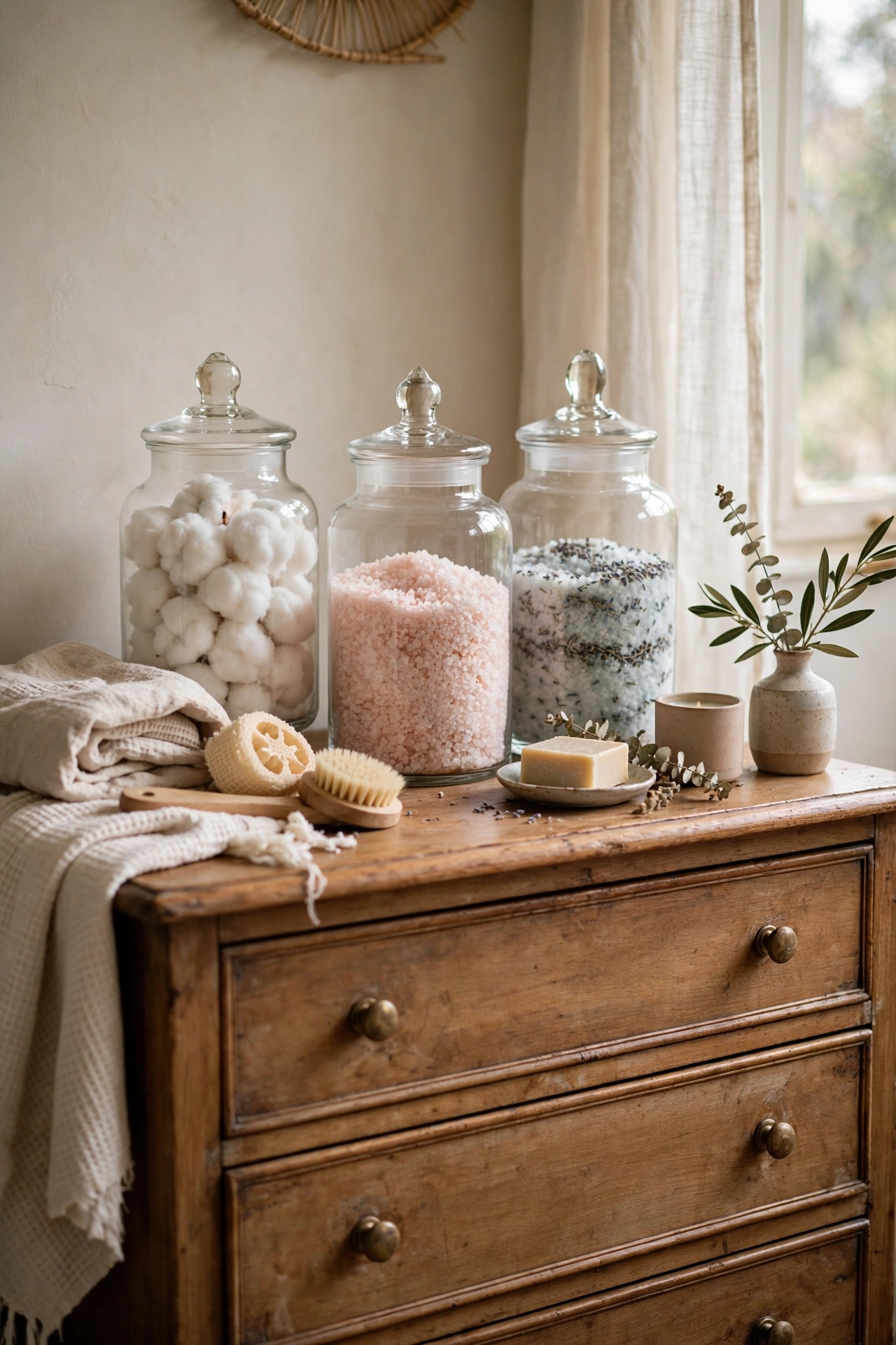 Glass apothecary jars with cotton balls and bath salts on a dresser