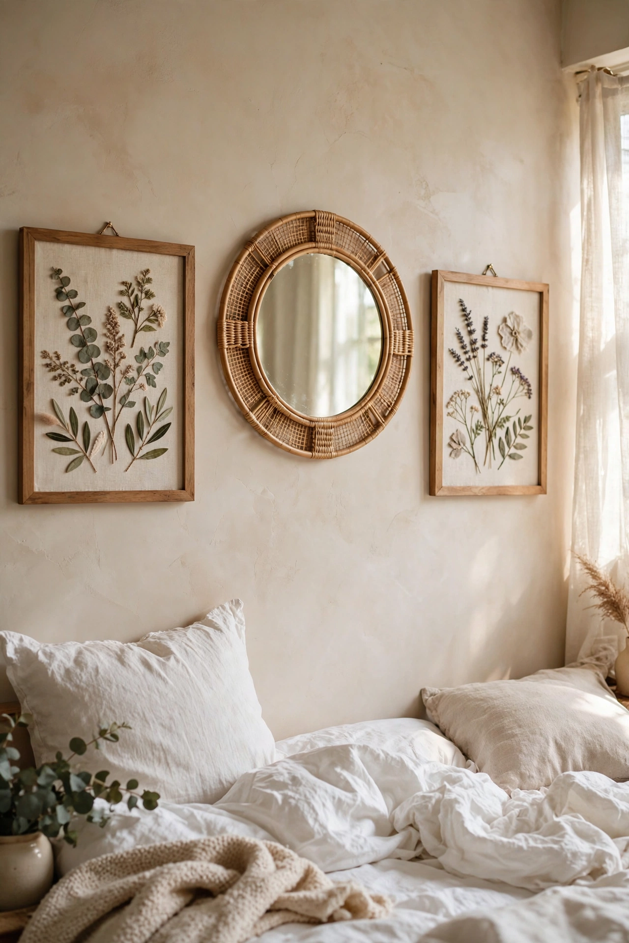 Botanical fabric framed as art flanking a bedroom mirror