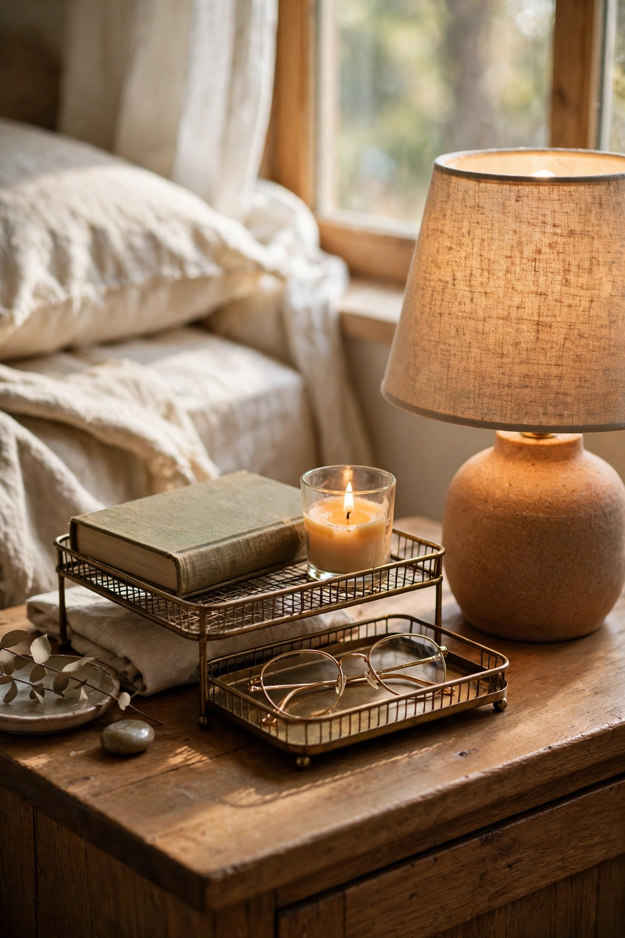 Two-tier metal tray organizing essentials on a bedroom nightstand