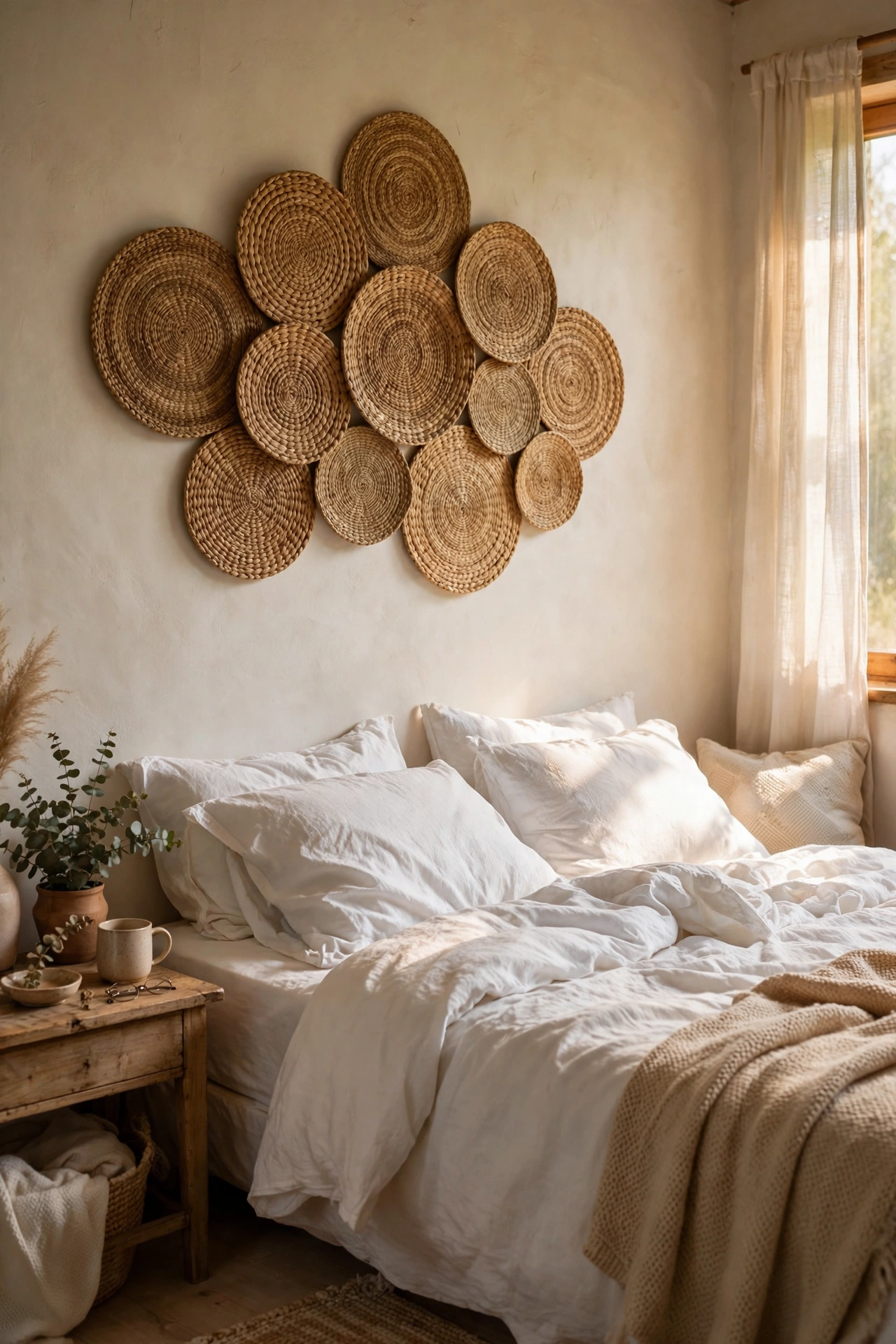 Cluster of round woven placemats hung as boho art above a bed