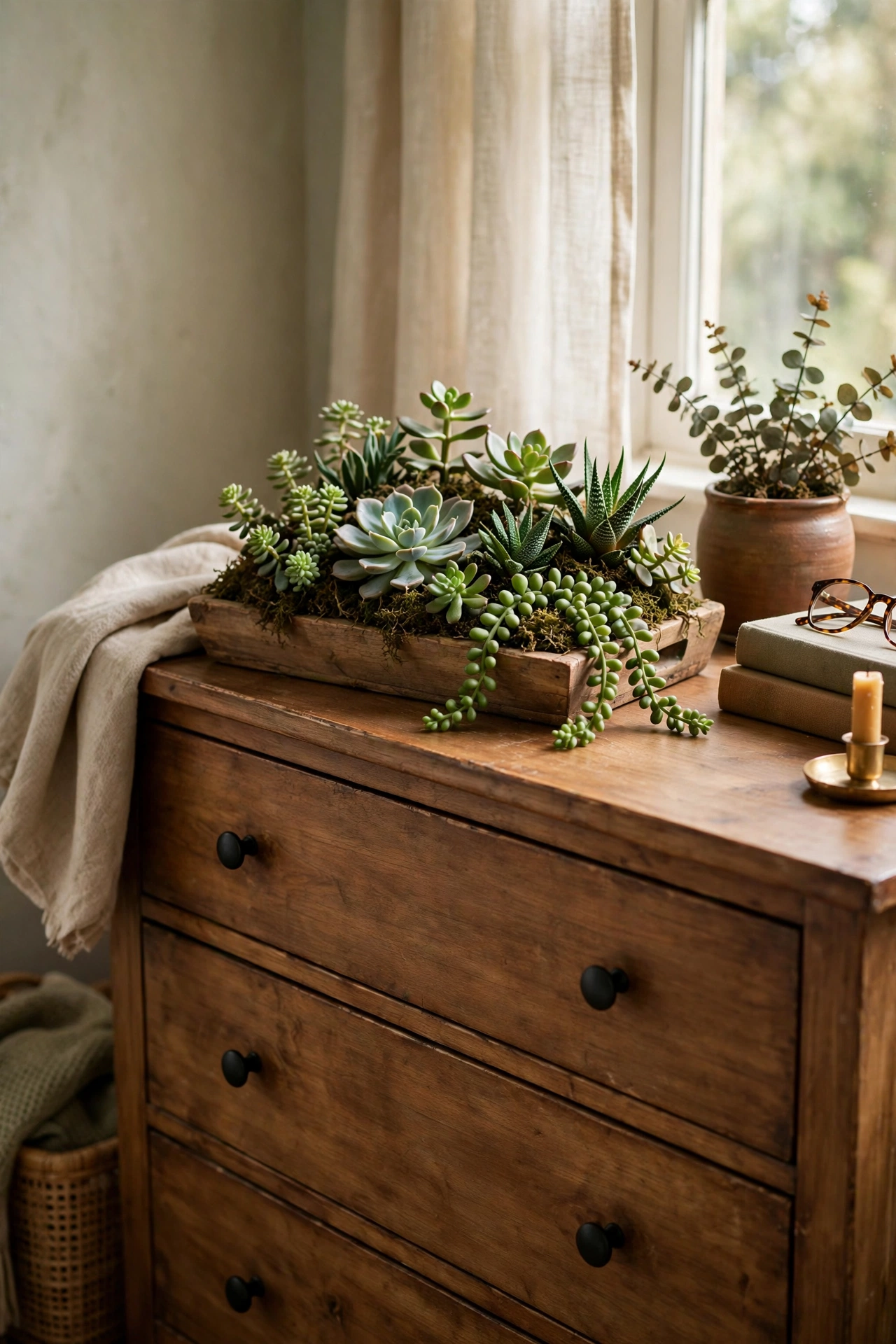 Wooden tray with faux succulents nestled in dark moss on a dresser