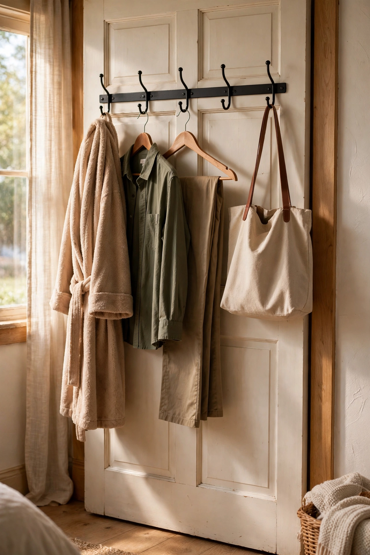 Over-the-door hook rail holding a robe and outfit in a bedroom