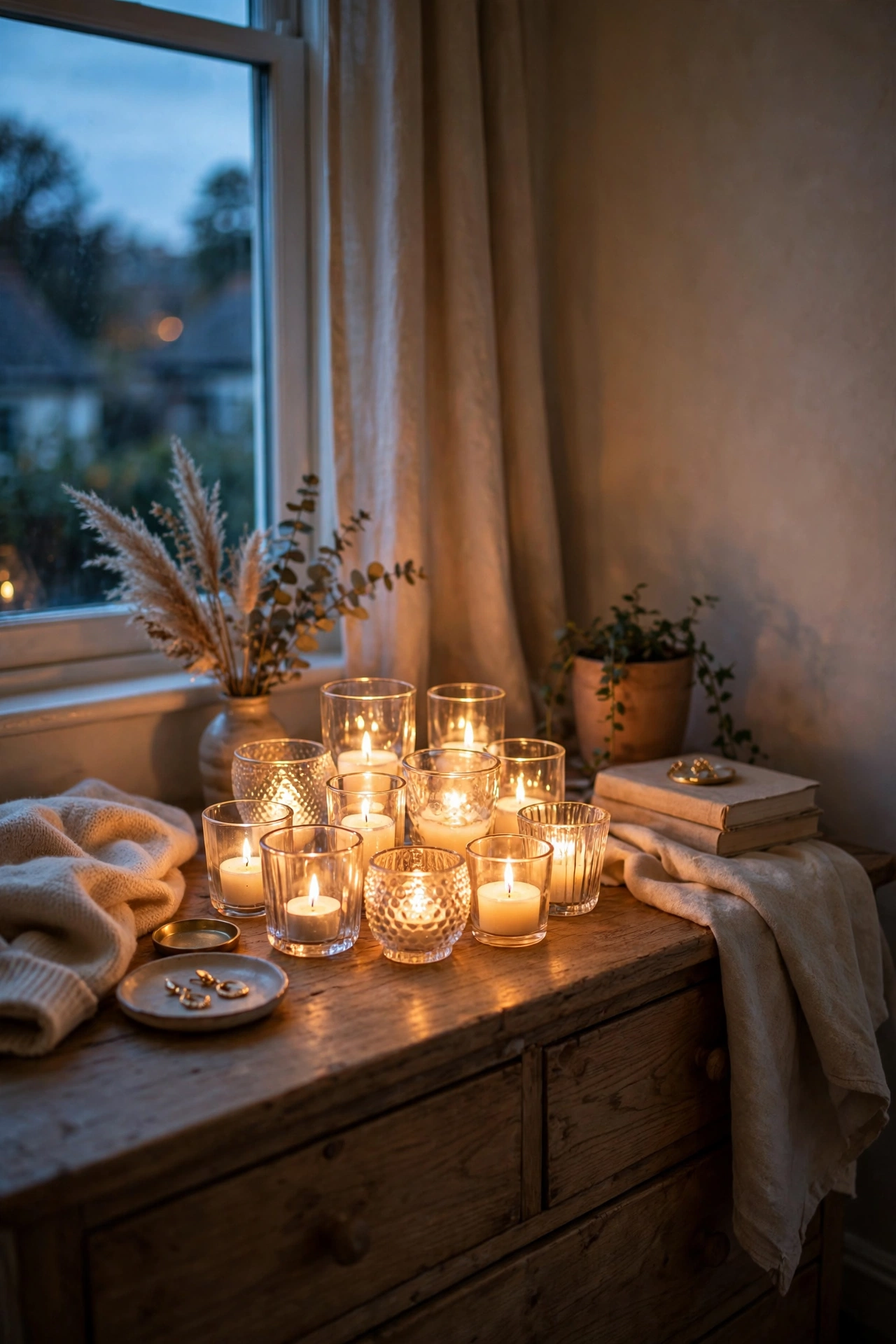 Cluster of glass candle holders with tea lights glowing on a dresser