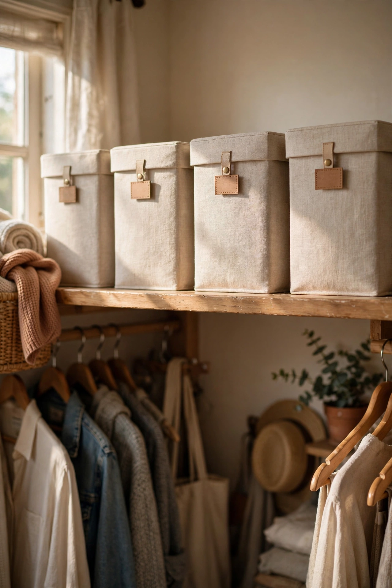 Matching linen-look storage boxes with lids on a closet shelf