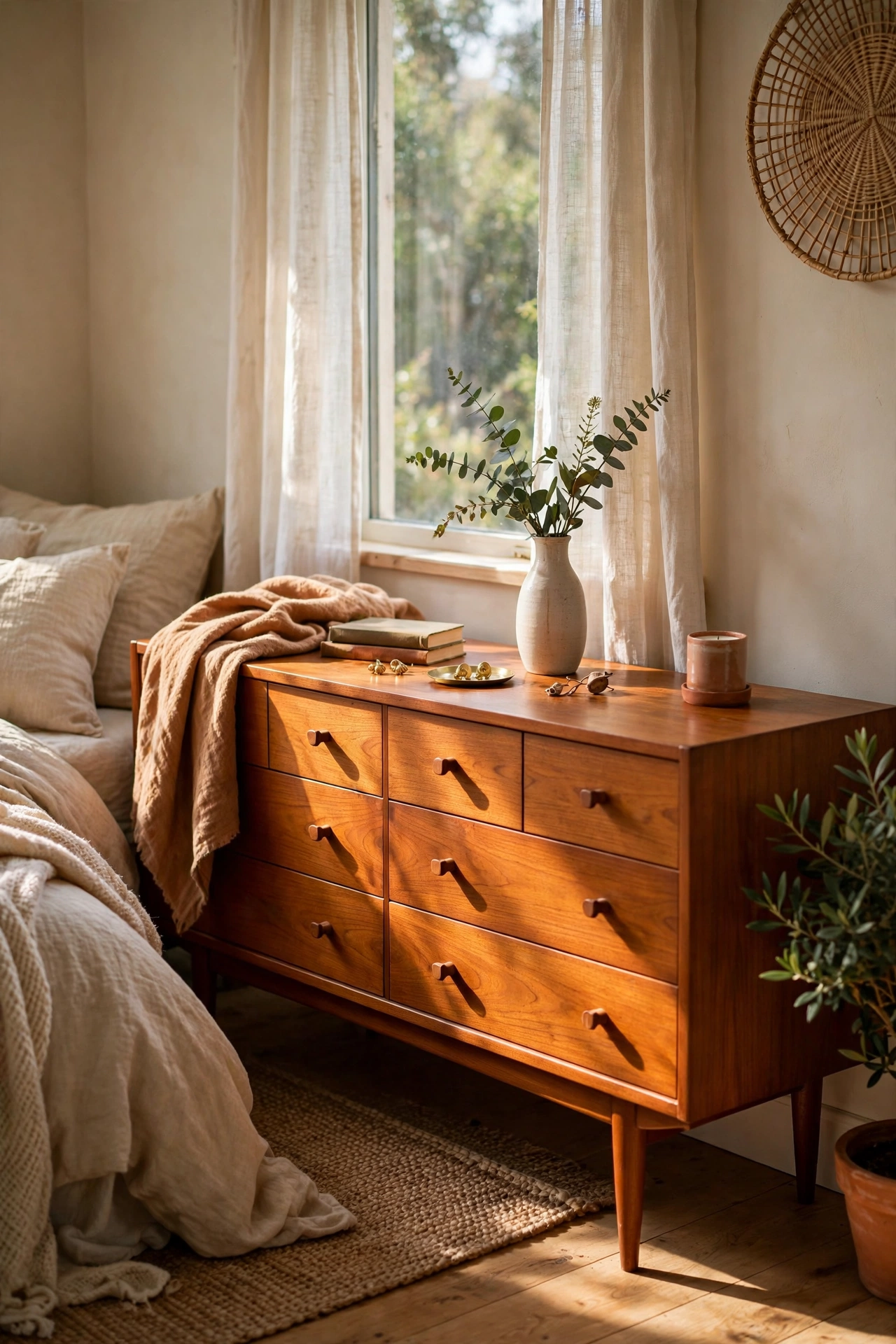 Mid-century dresser with tapered legs refreshed with teak oil in a bedroom