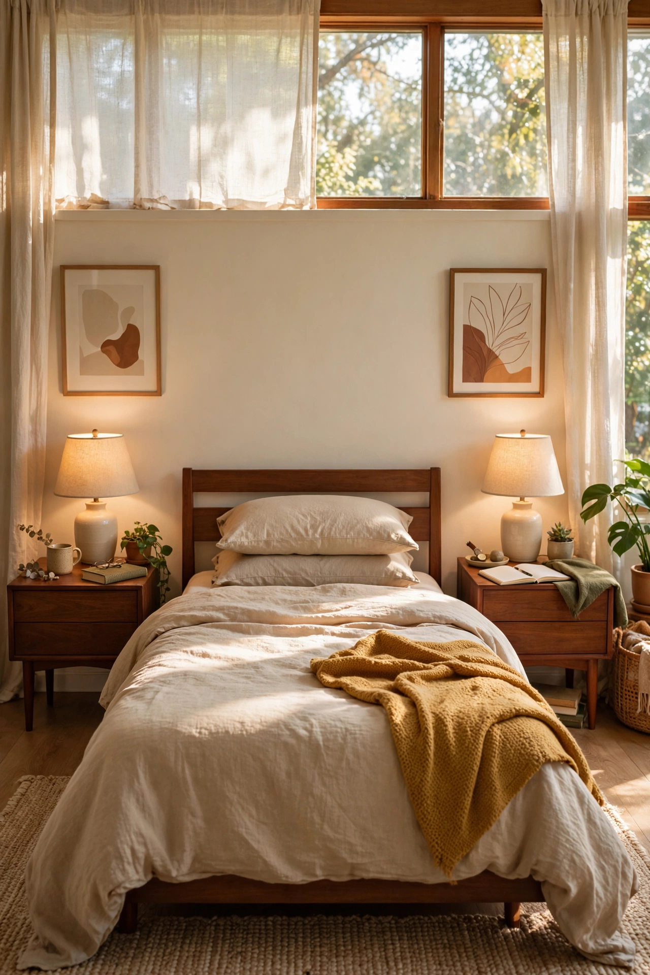 Pair of nightstands stained walnut flanking a bed with simple lamps