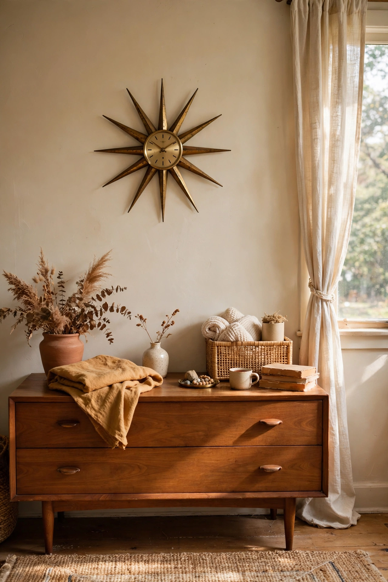Brass starburst wall clock centered above a mid-century dresser