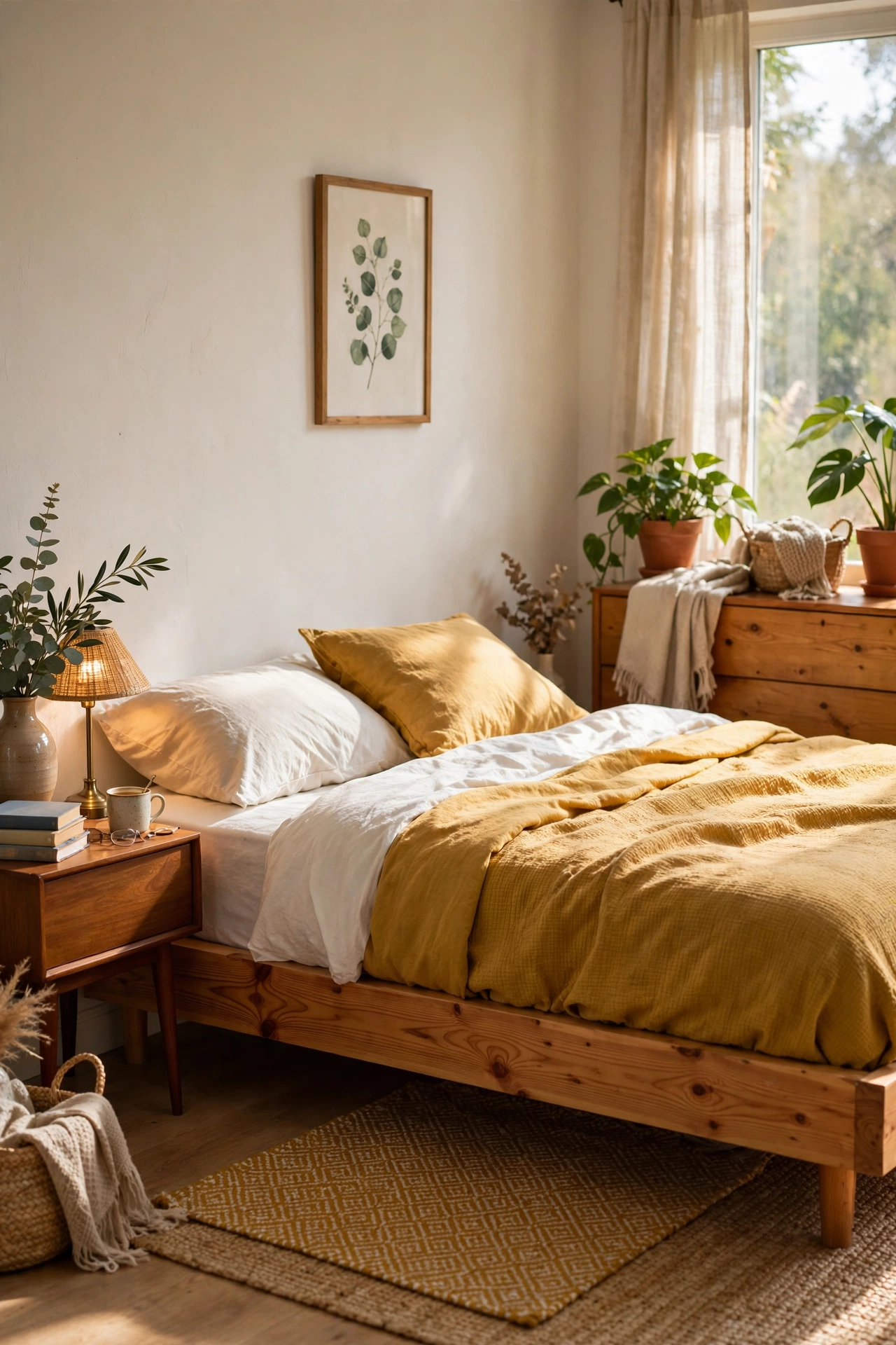 Low-profile pine platform bed frame with simple bedding in a bedroom