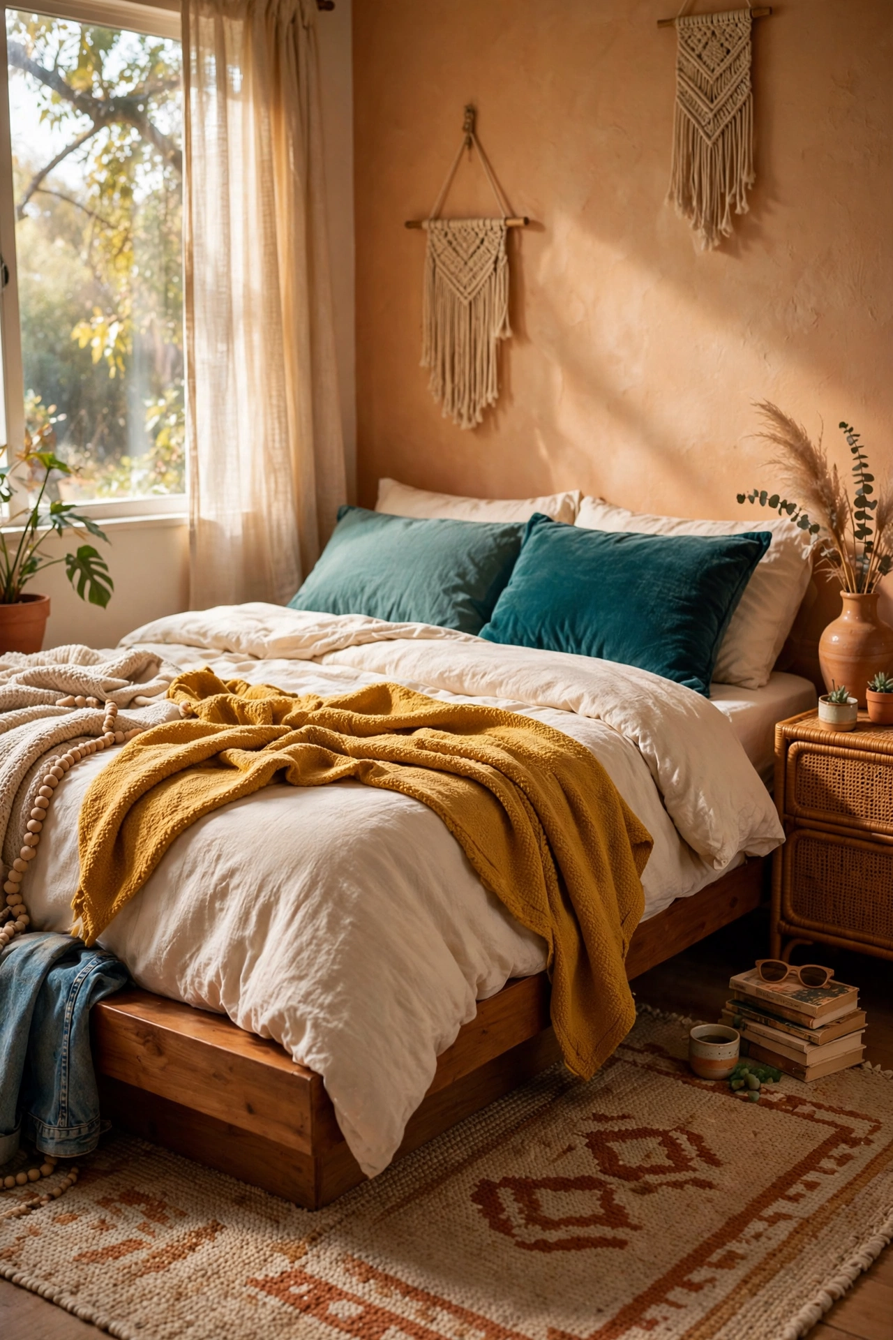 Bed with mustard throw and teal pillows on neutral mid-century bedding