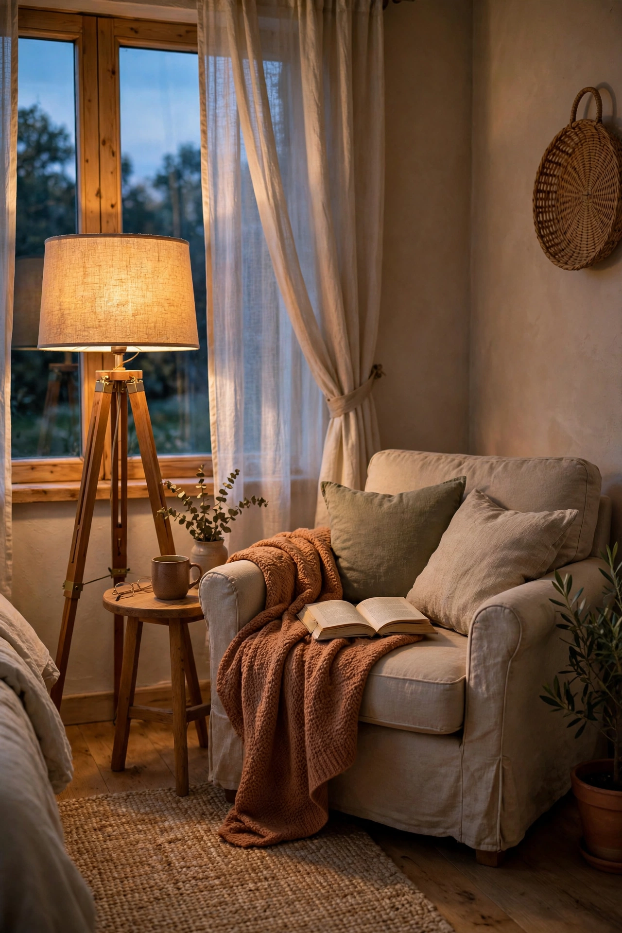 Tripod floor lamp with drum shade beside an armchair in a bedroom corner