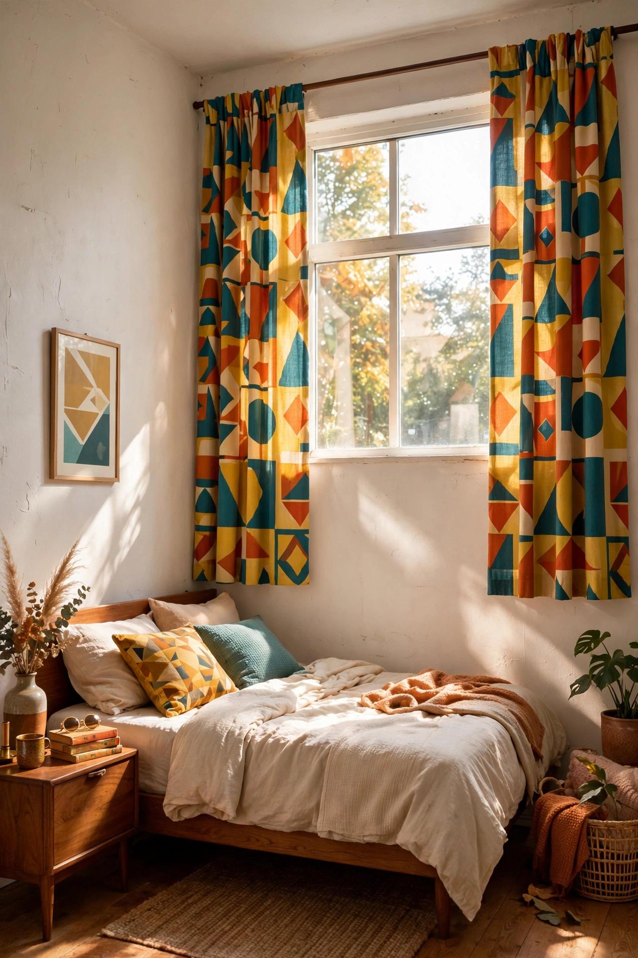 Geometric retro-pattern curtains hung high and wide on a bedroom window