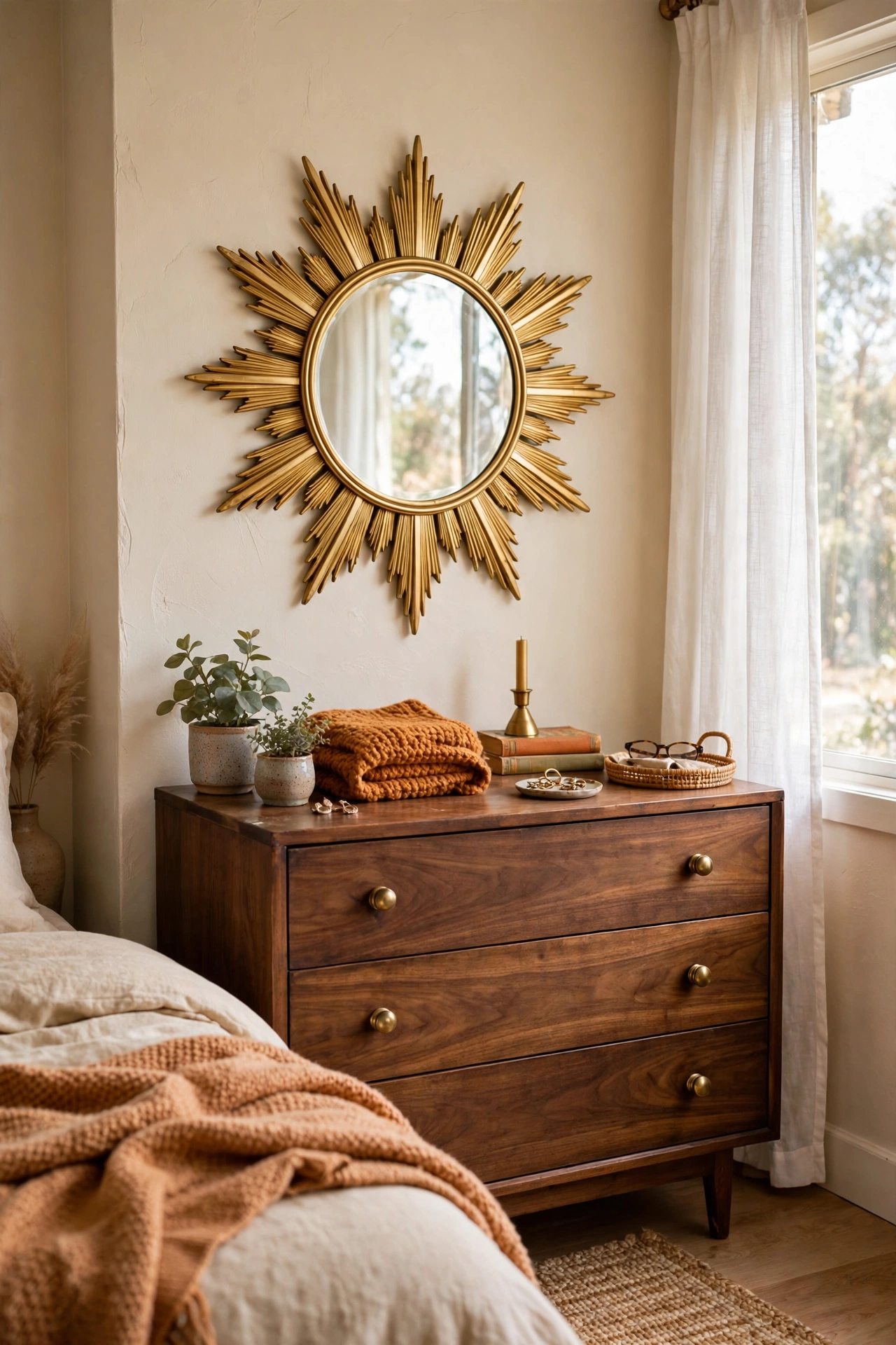 Gold sunburst mirror centered above a mid-century dresser
