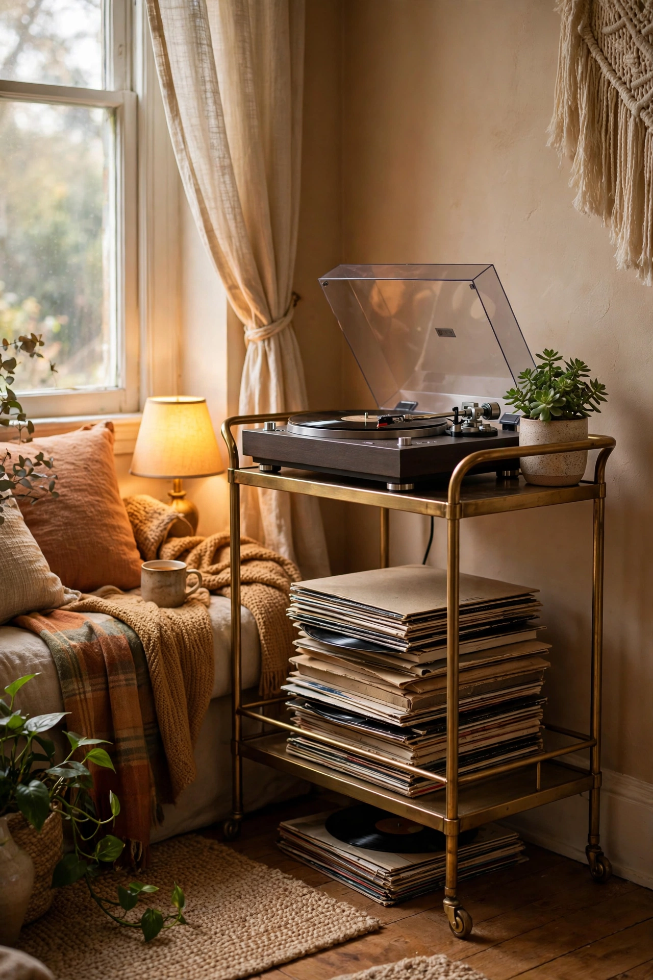 Brass bar cart holding a record player and vinyl in a bedroom corner