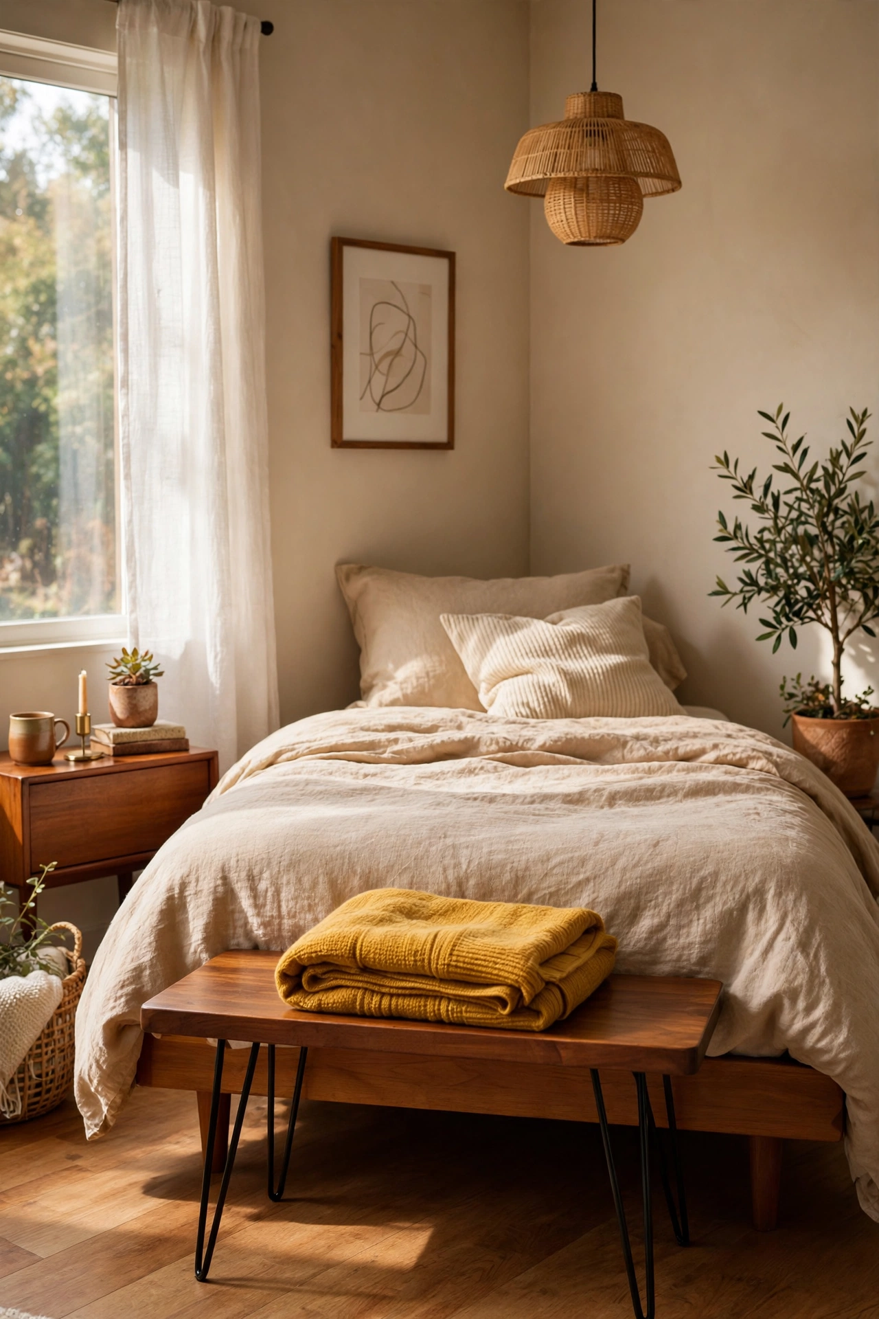 Wooden bench on metal hairpin legs at the foot of a bed