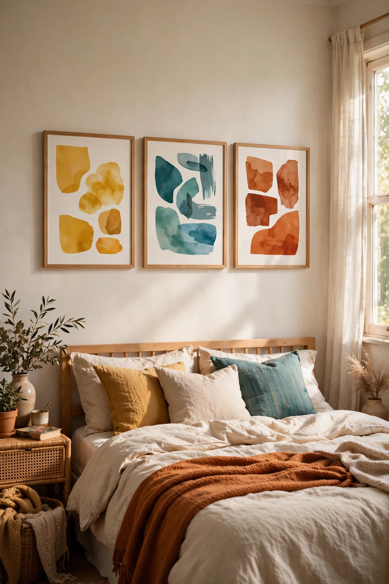 Three abstract retro art prints in a tight row above a bed
