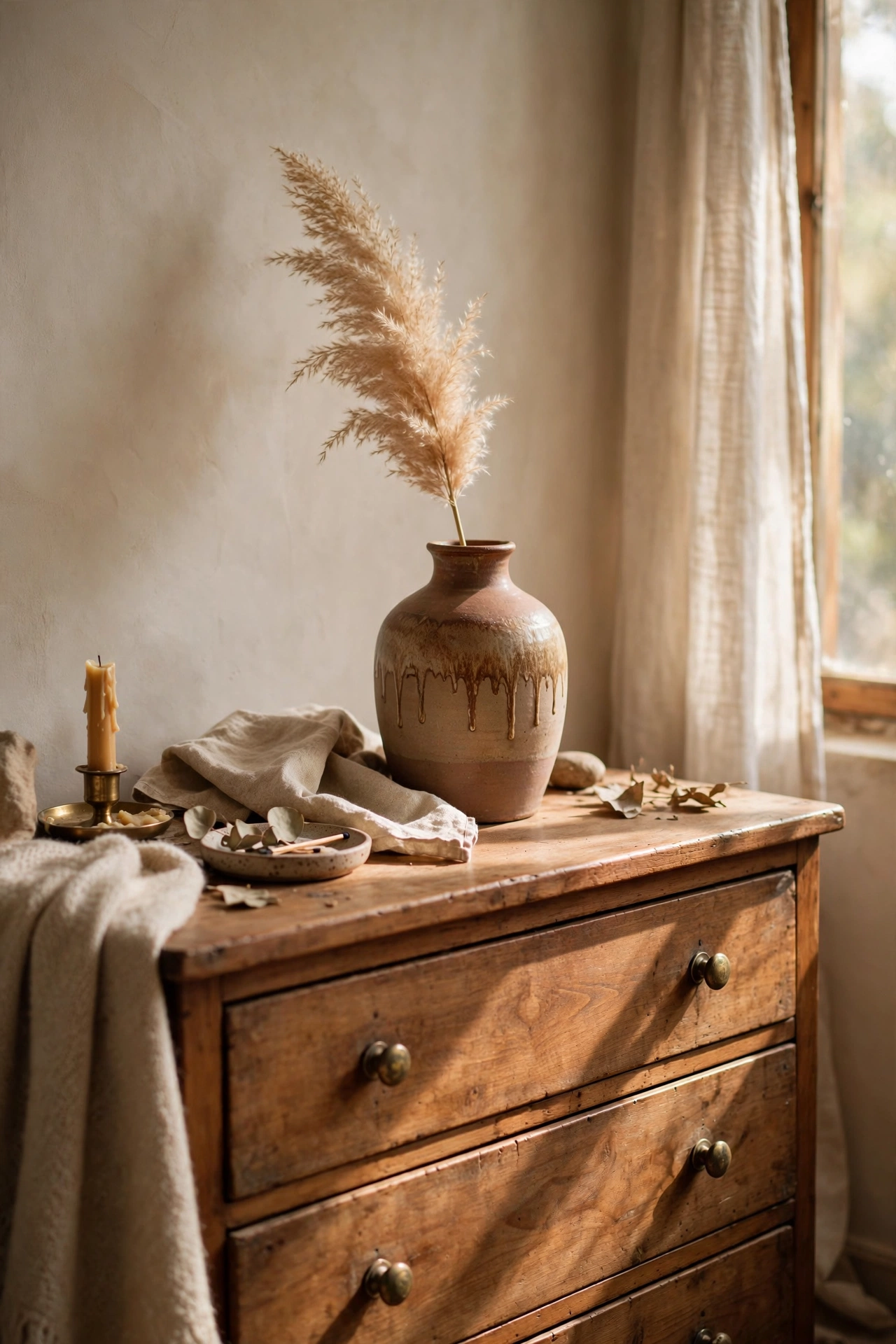 Drip-glaze ceramic vase with dried pampas grass on a dresser