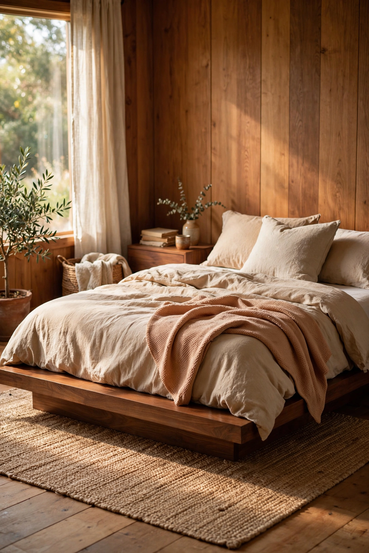 Natural jute area rug centered under a low platform bed