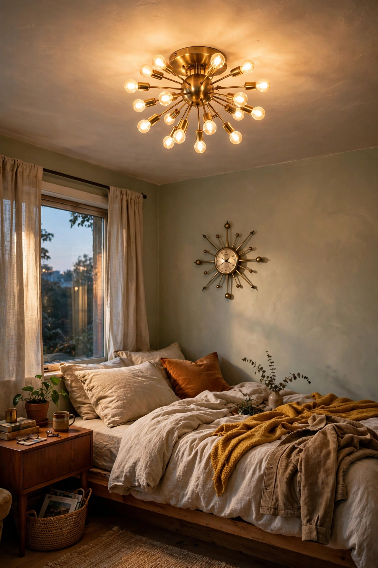 Brass sputnik-style flush mount light on a bedroom ceiling