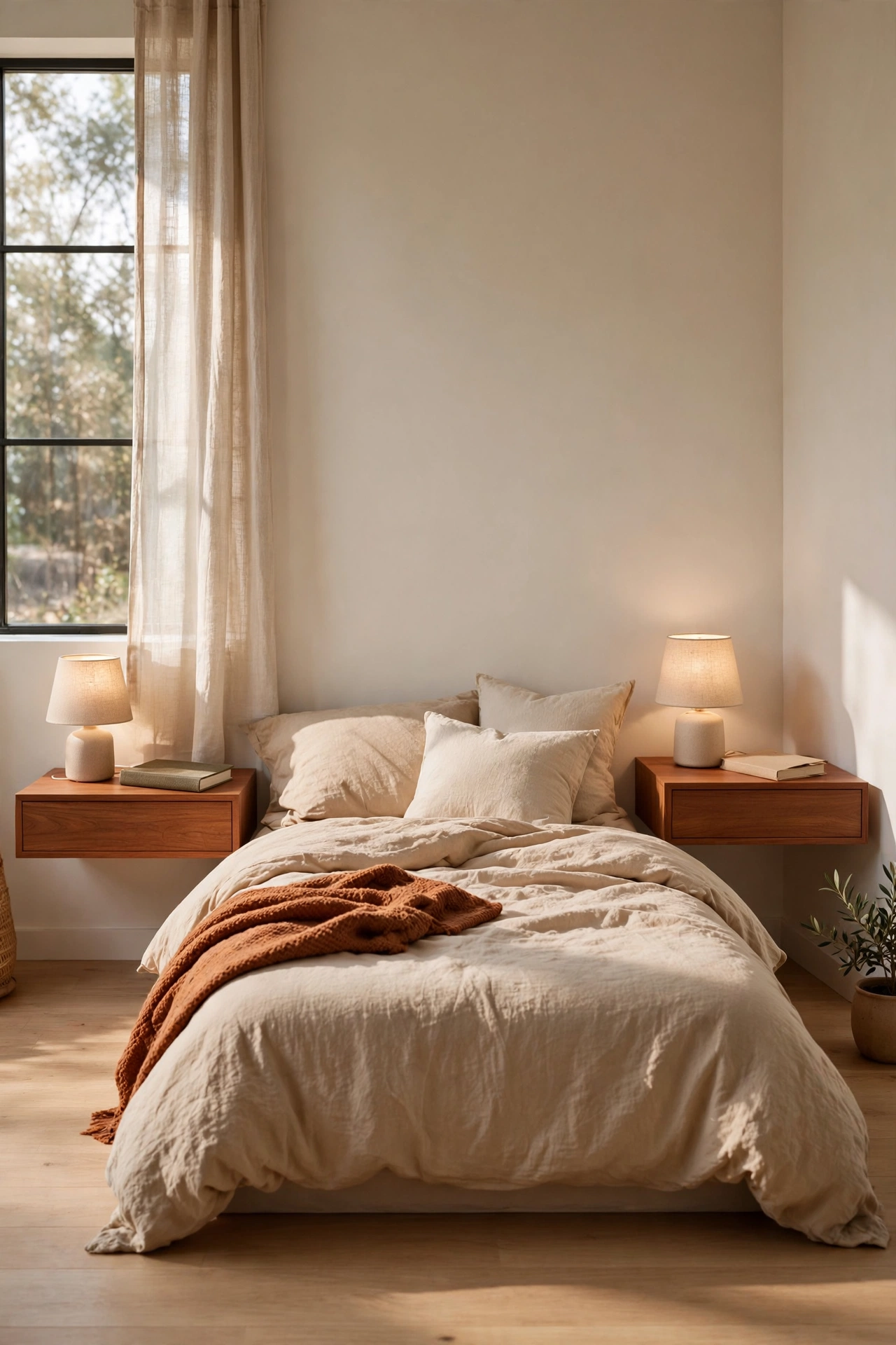 Teak-look floating shelf nightstands mounted beside a low bed