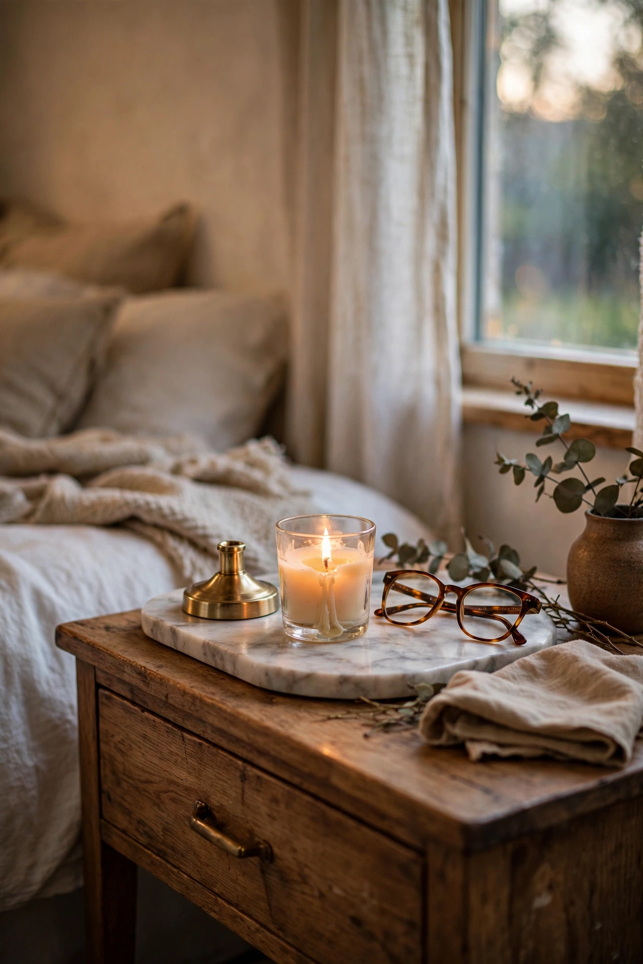 Marble-look tray styling a lamp, candle and glasses on a nightstand