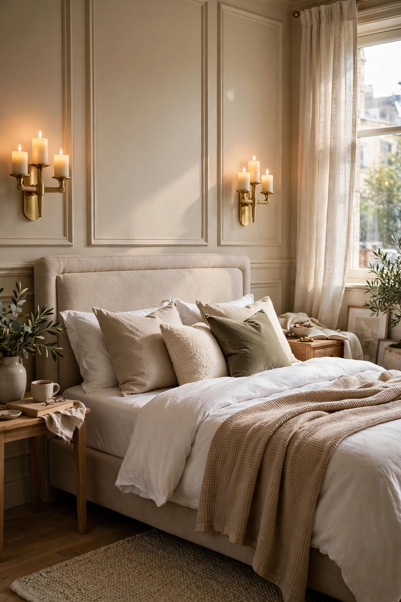 Champagne gold stick-on candle sconces flanking a bed with LED candles