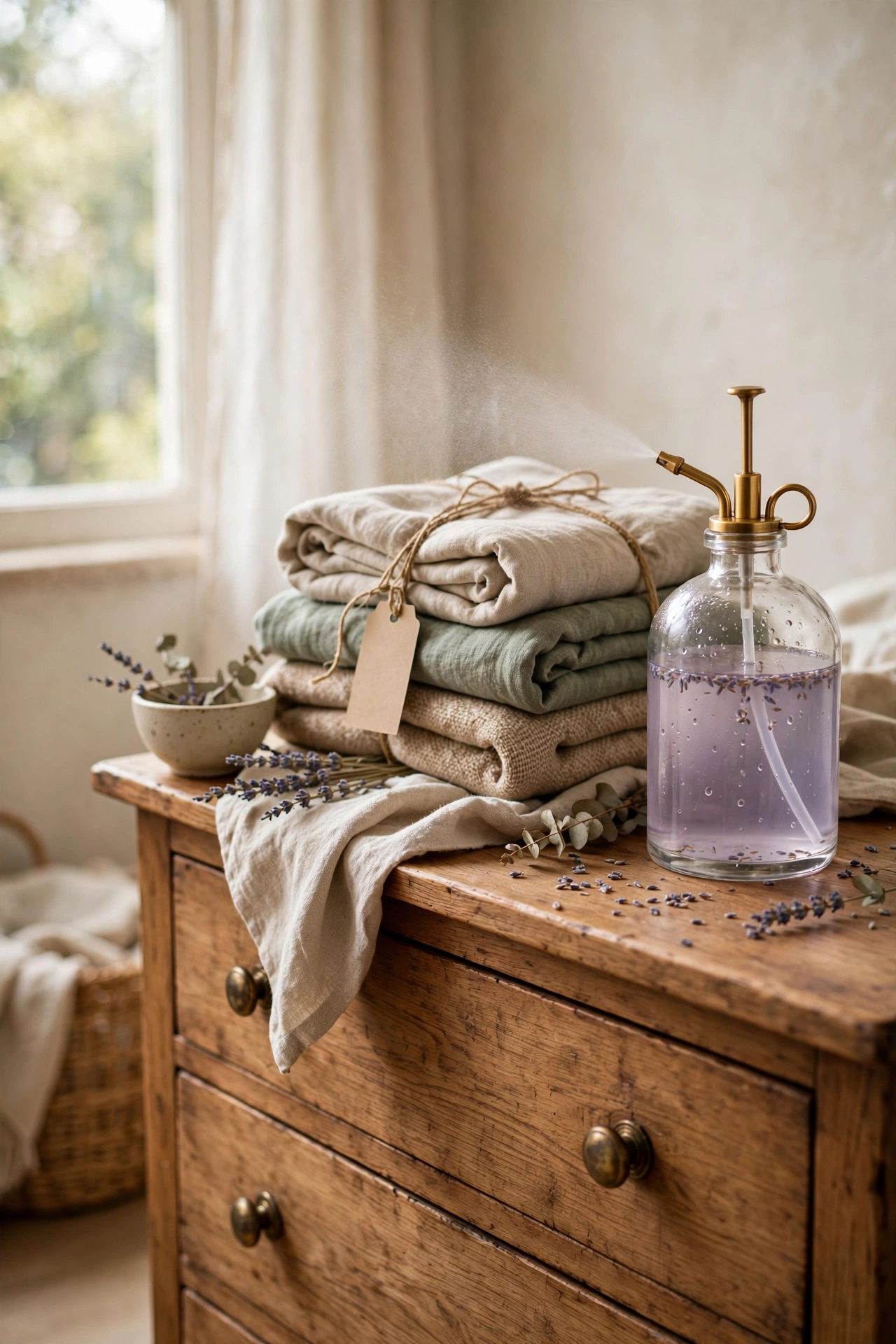 Glass spray bottle of linen spray with a handwritten label on a dresser