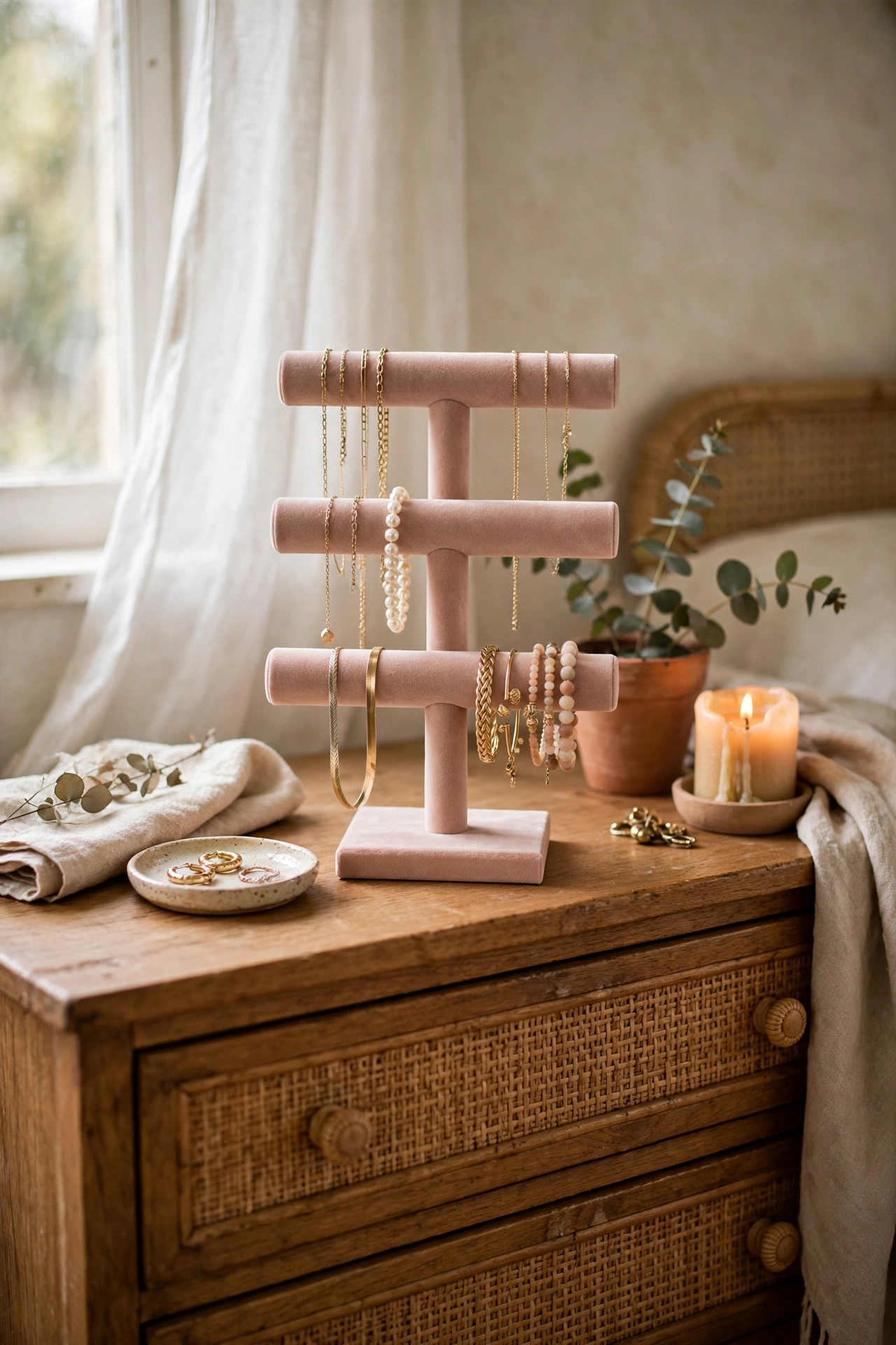 Blush velvet jewelry stand displaying necklaces on a dresser