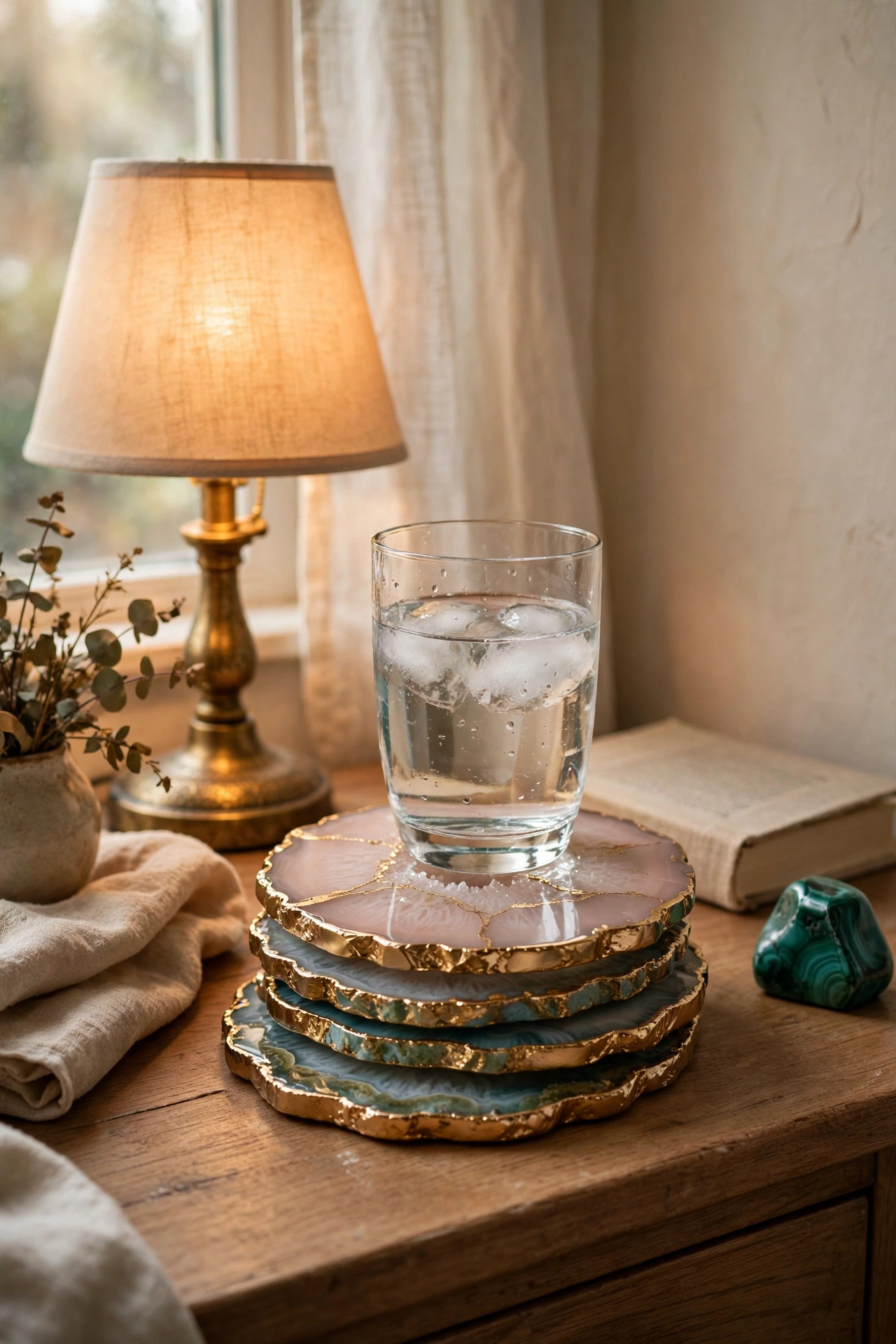 Gold-edged faux agate coasters stacked on a bedroom nightstand