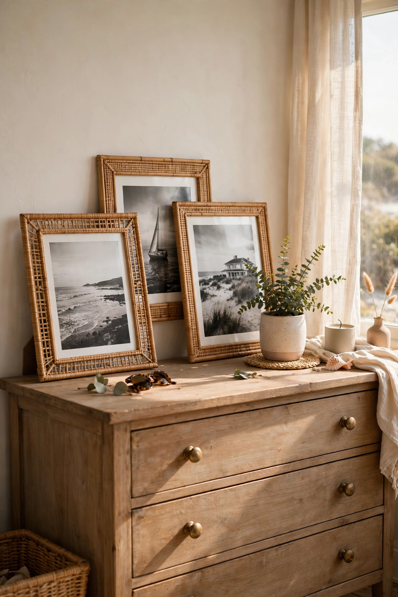 Rattan-look frames with black and white photos leaned on a dresser