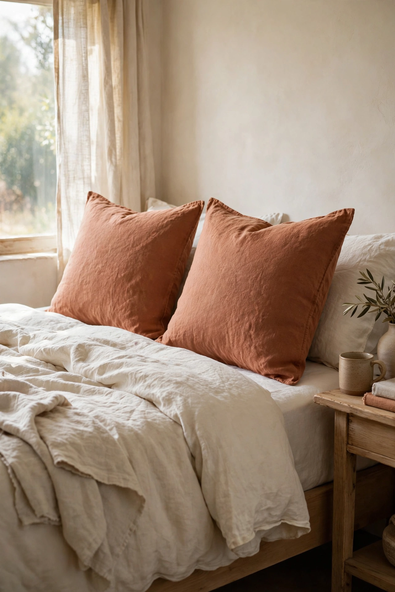 Stonewashed terracotta pillow covers styled on a neutral bed