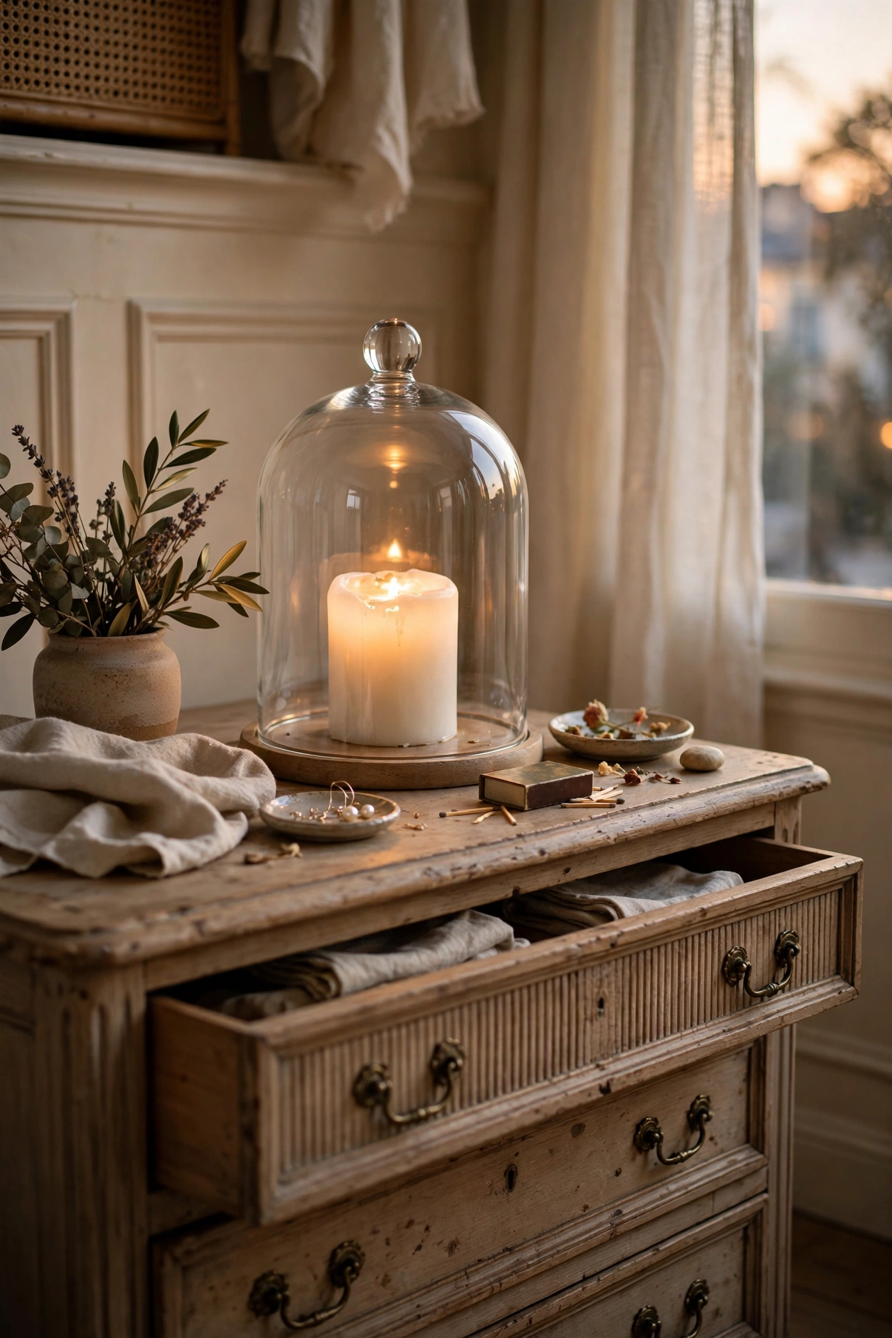 Glass cloche dome over a white pillar candle on a dresser