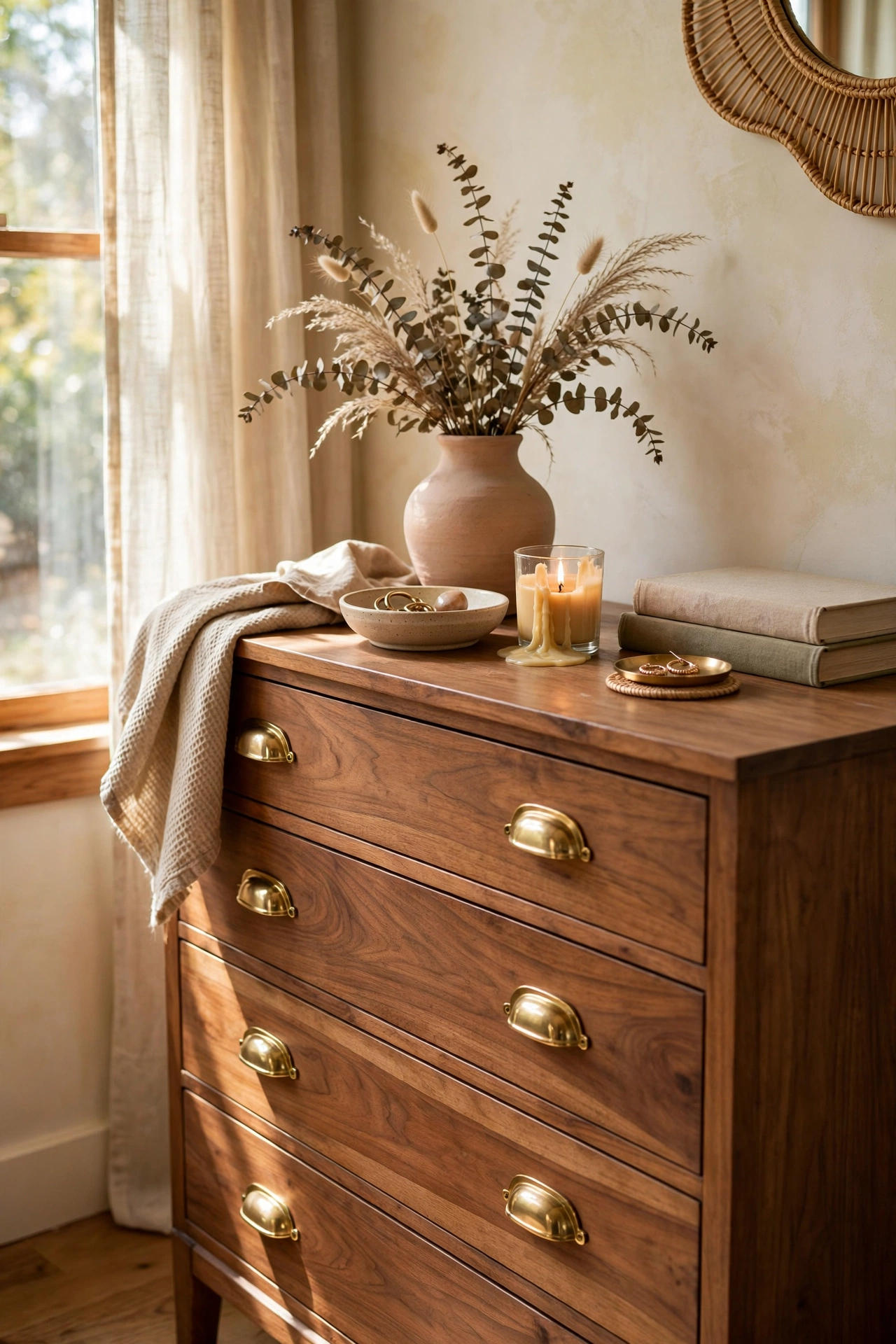 Dresser with new brass-look drawer pulls in a bedroom