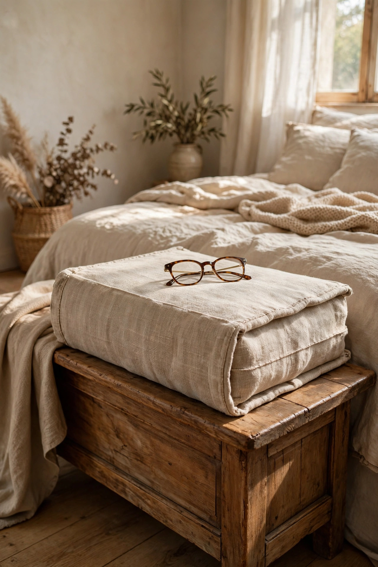 Oversized linen-covered decorative book on a bedroom bench