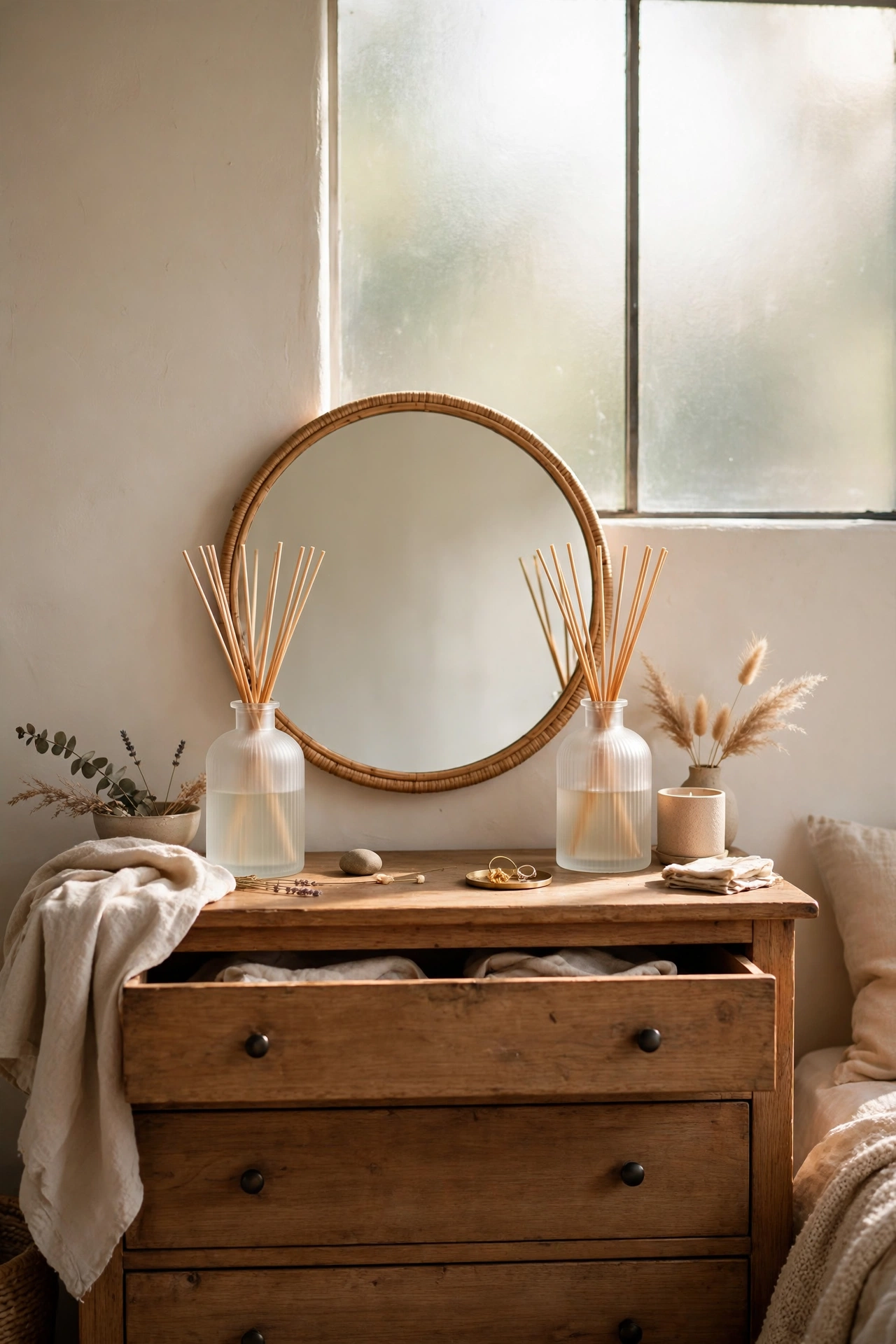 Frosted glass reed diffusers flanking a mirror on a dresser