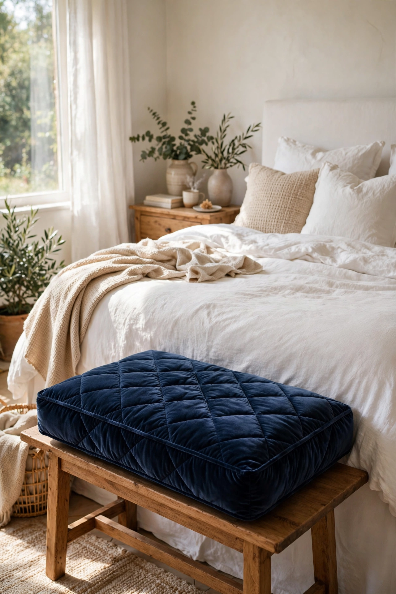 Quilted navy velvet cushion on a storage bench at the foot of a bed