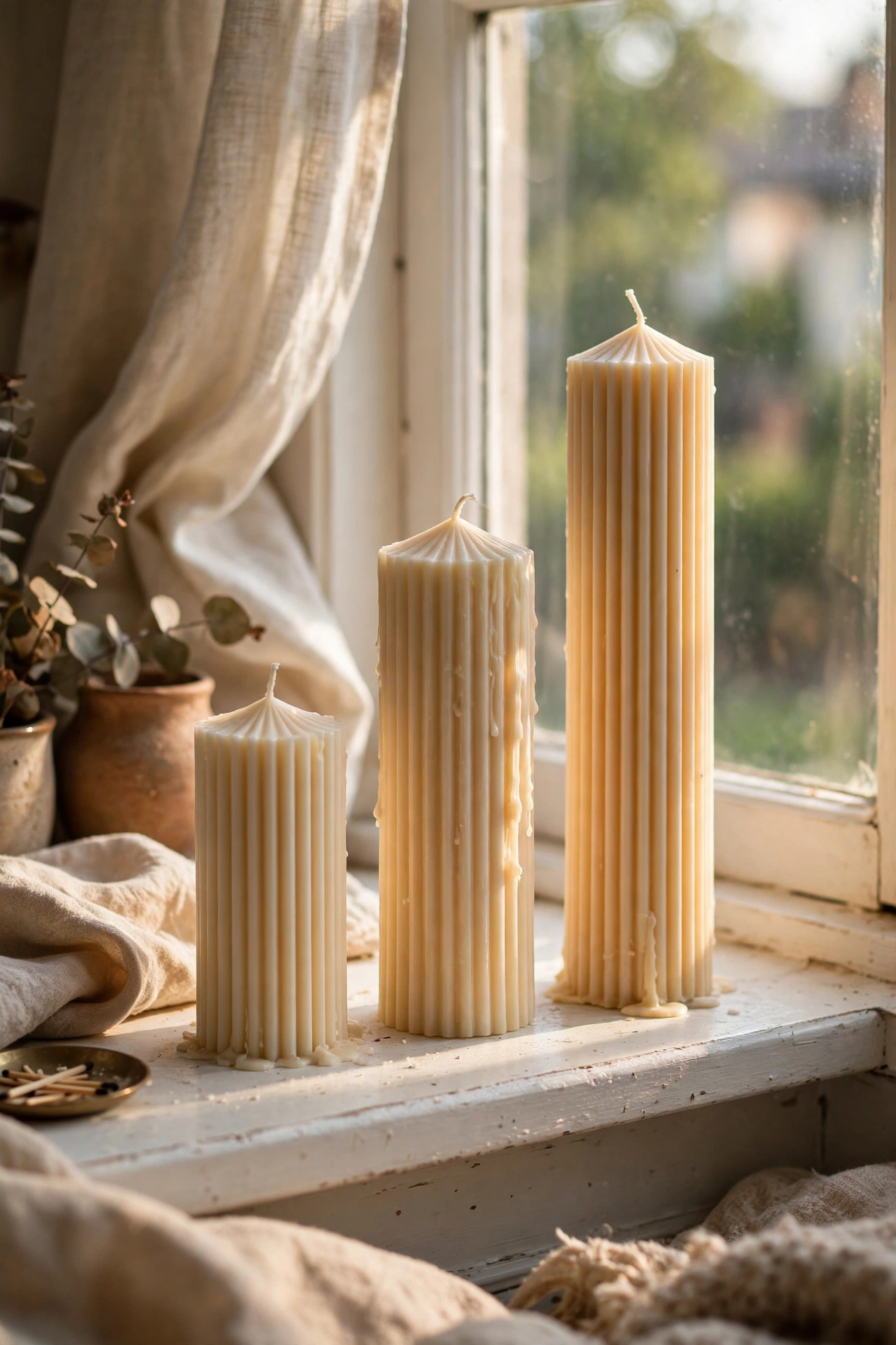 Fluted architectural candle pillars grouped on a bedroom windowsill