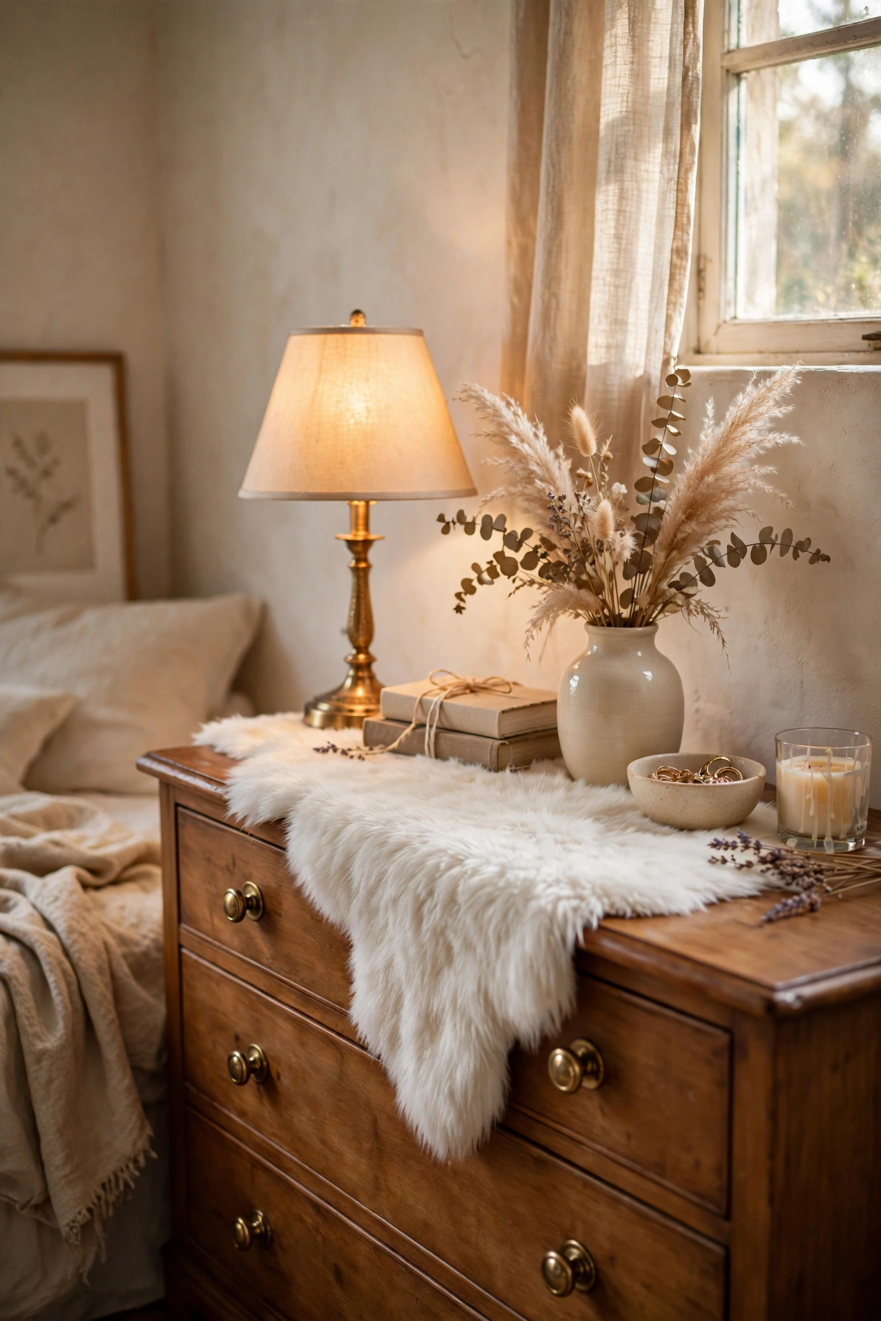 White faux fur runner down the center of a bedroom dresser