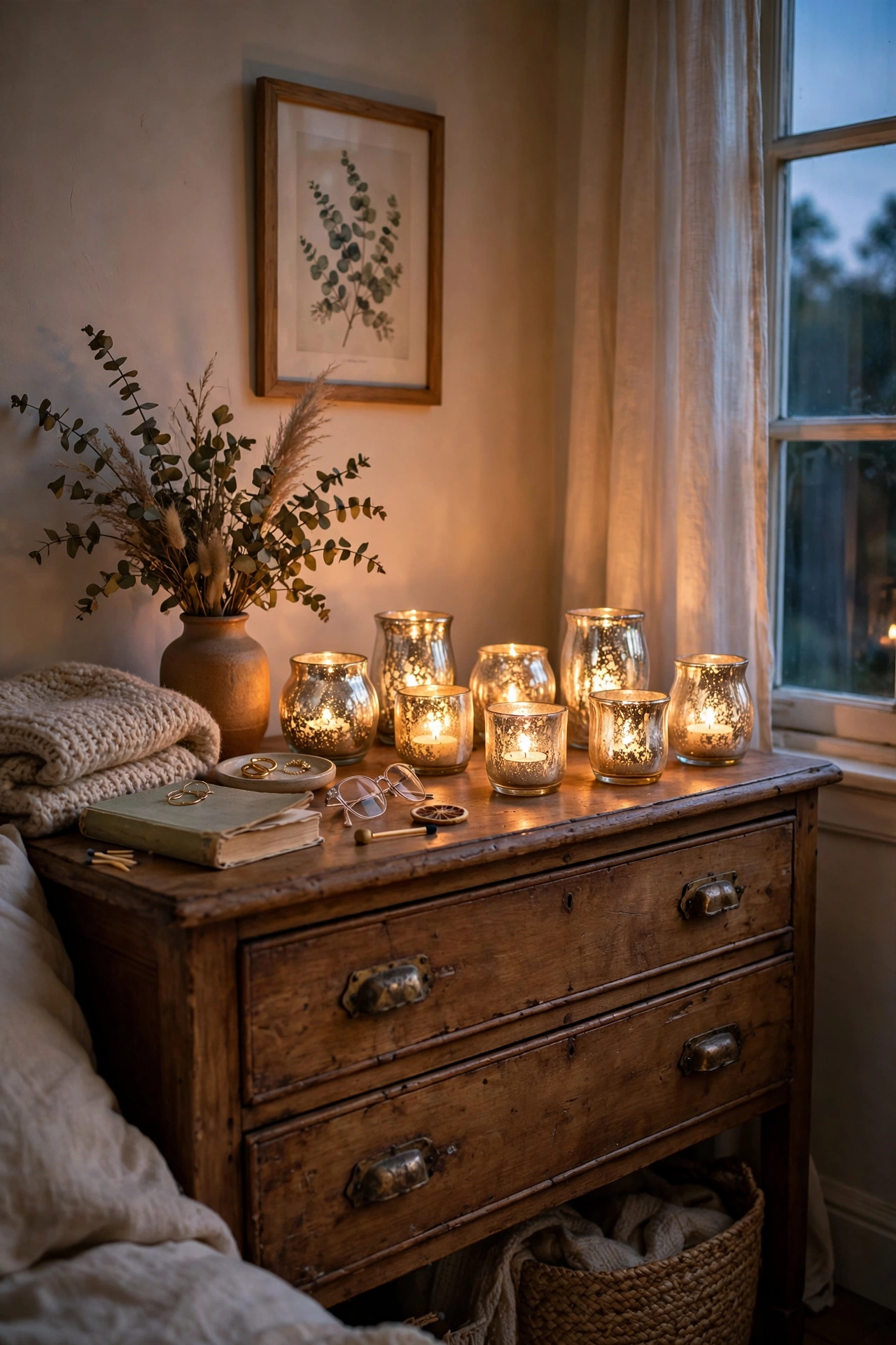 Mercury glass tea light holders glowing along a dresser