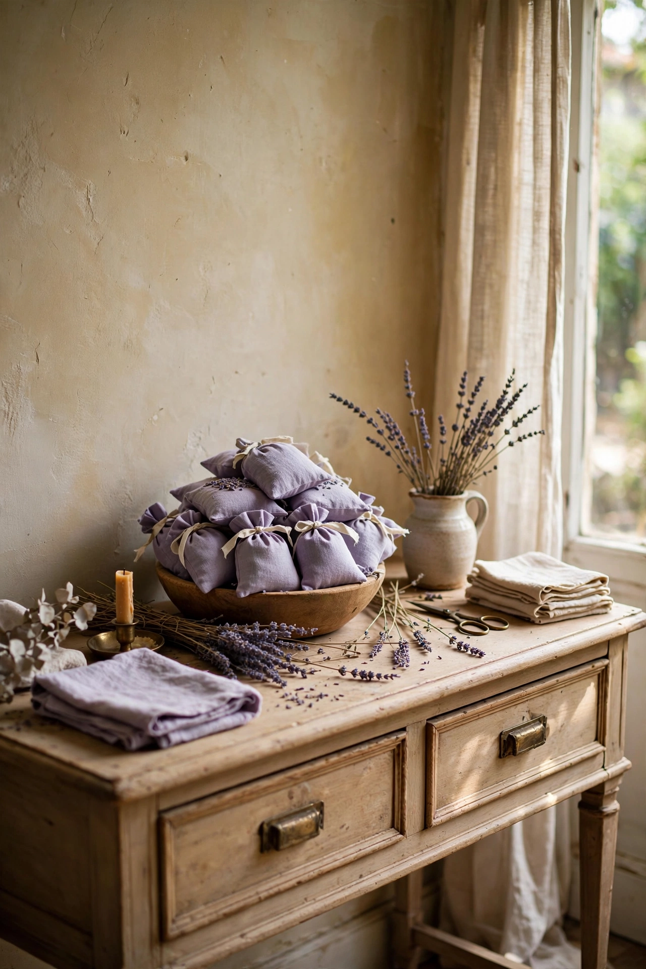 Wooden bowl of lavender linen sachets on a bedroom dresser