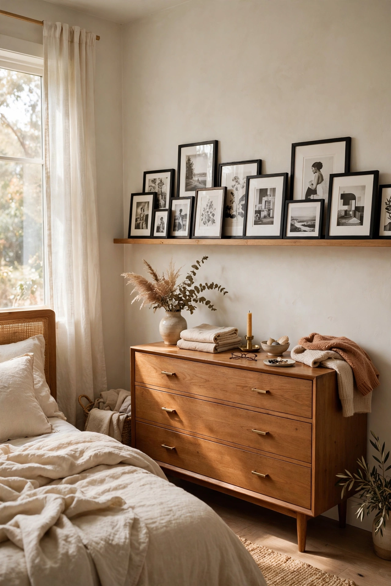 Floating photo ledge with black and white prints above a dresser