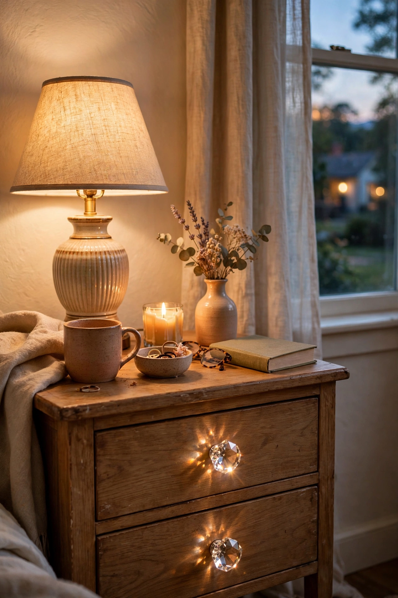 Nightstand with faceted crystal-look drawer knobs catching lamplight