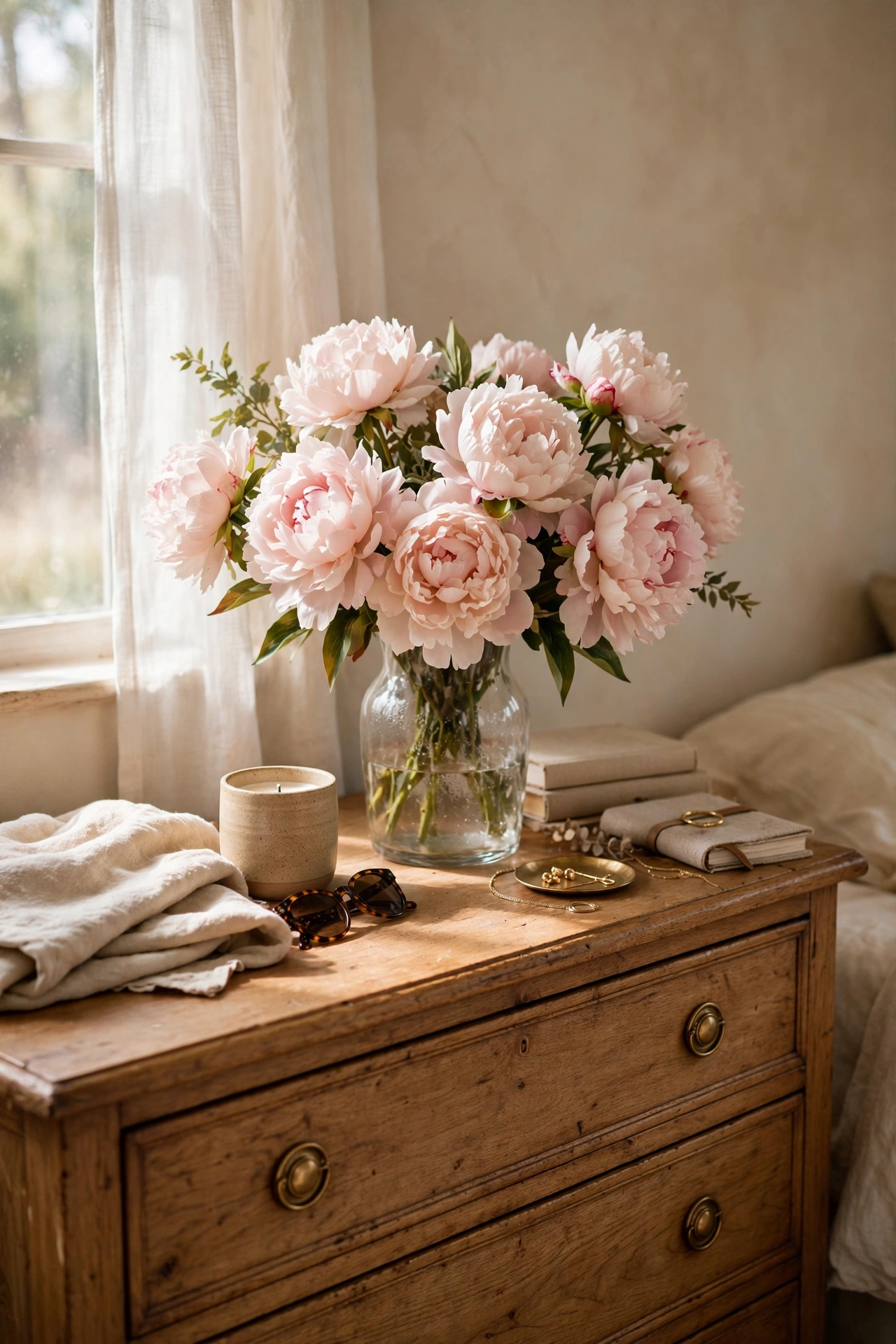 Blush faux peony bouquet arranged in a glass vase on a dresser